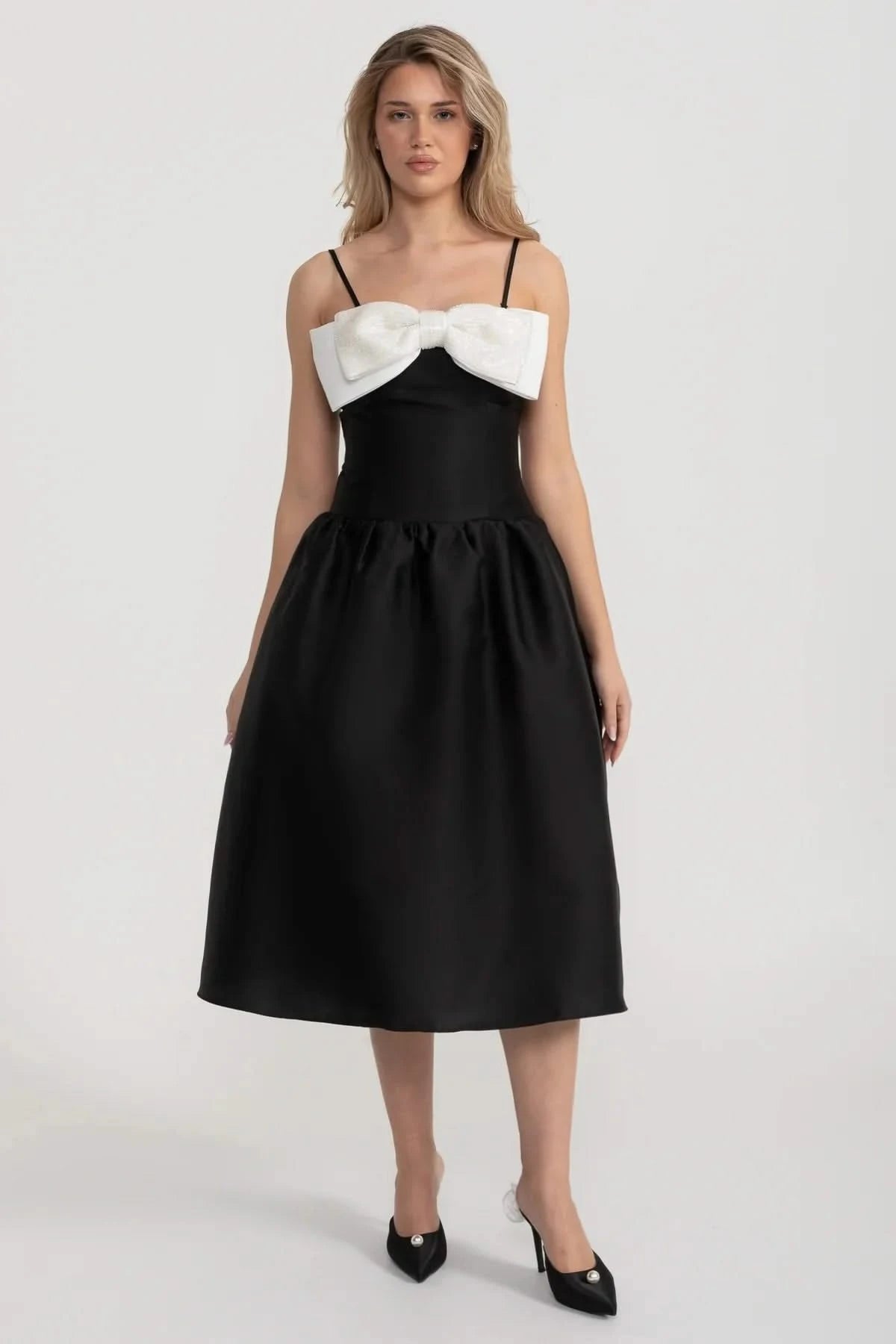 Fitted Sleeveless Mini Dress With Prominent Large White Bow - Black