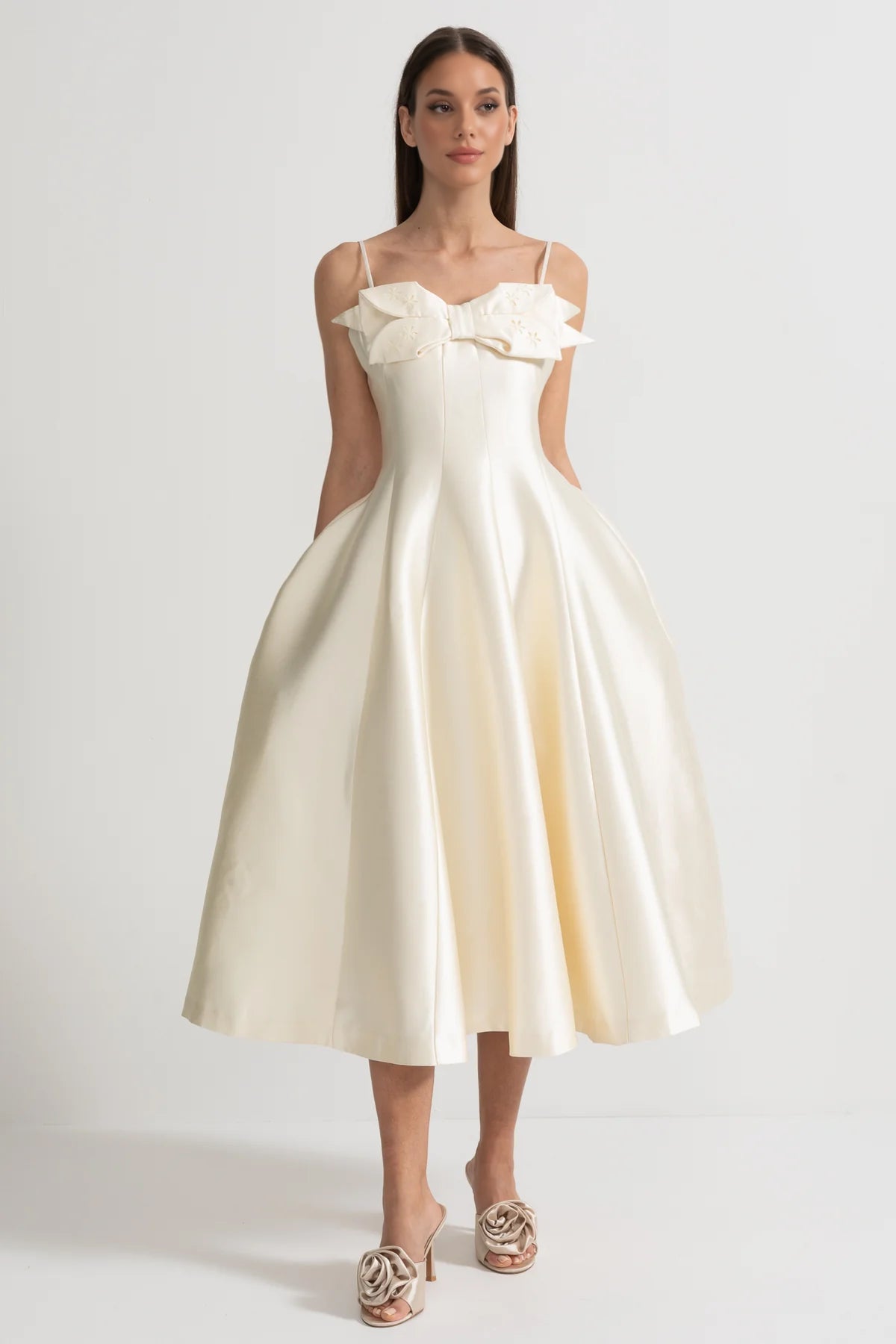 Midi Satin Dress With Fitted Bodice, Delicate Thin Straps And Bow Accent - Ivoire