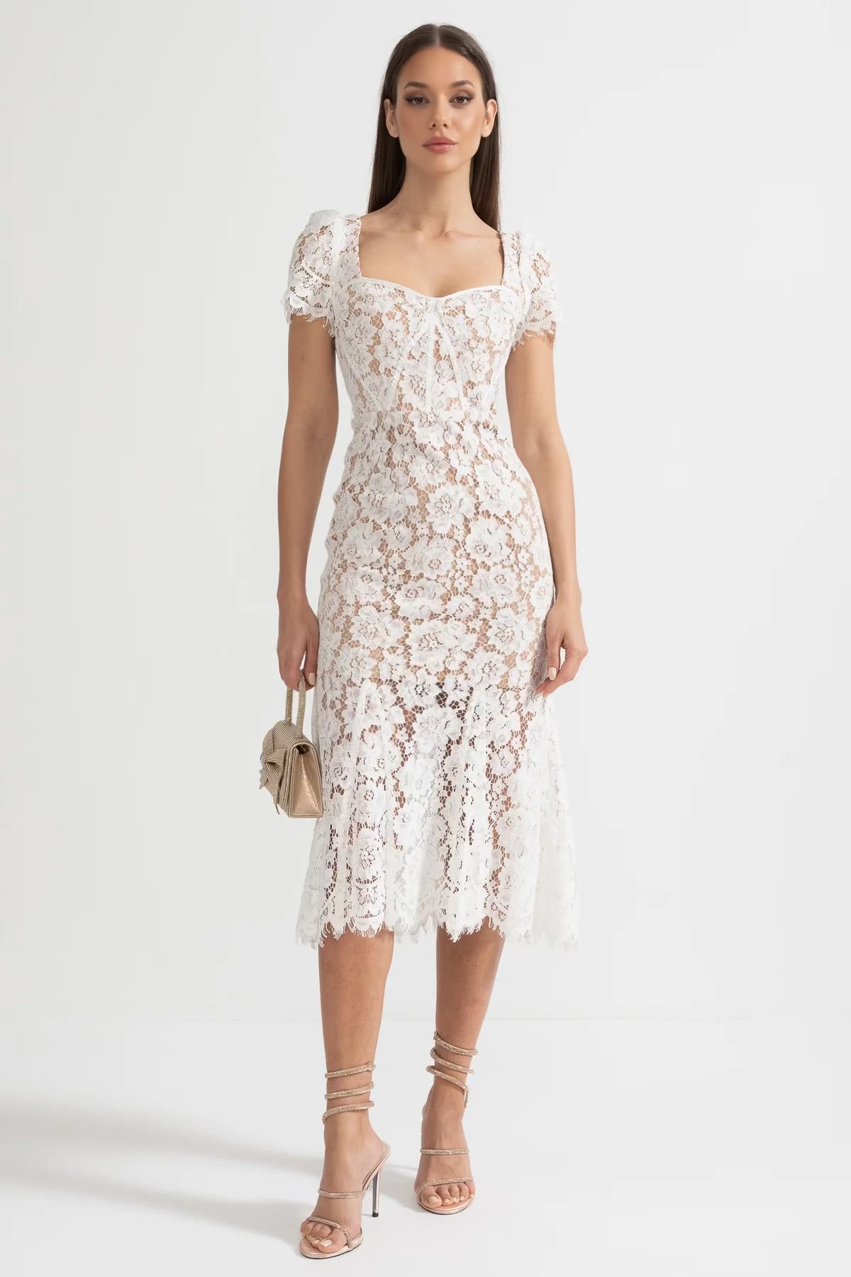 knee length dresses for ladies Elegant Short Sleeve Lace Dress With Matching Waist Belt main image 0