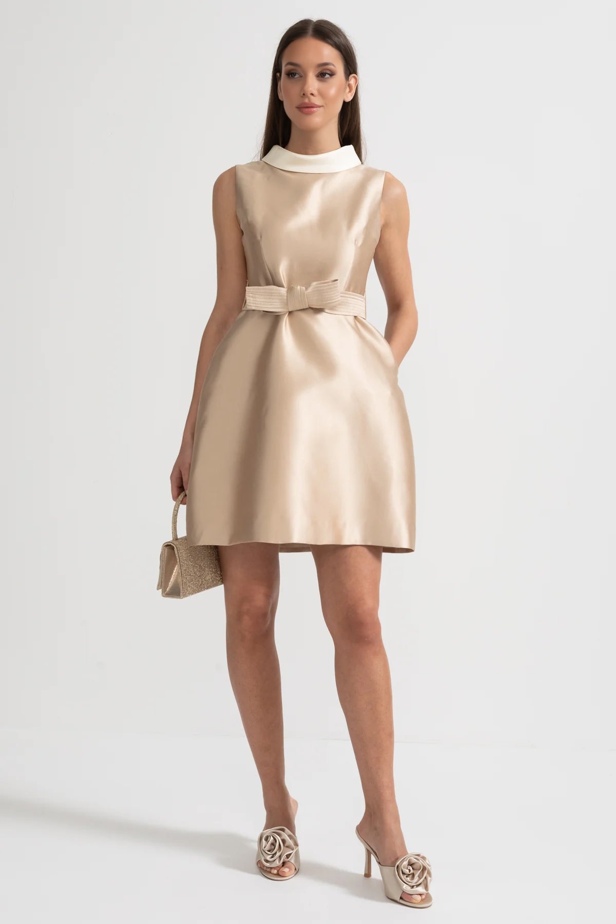 Satin Dress With Contrasting White Collar And Coordinated Matching Bow Belt - Beige
