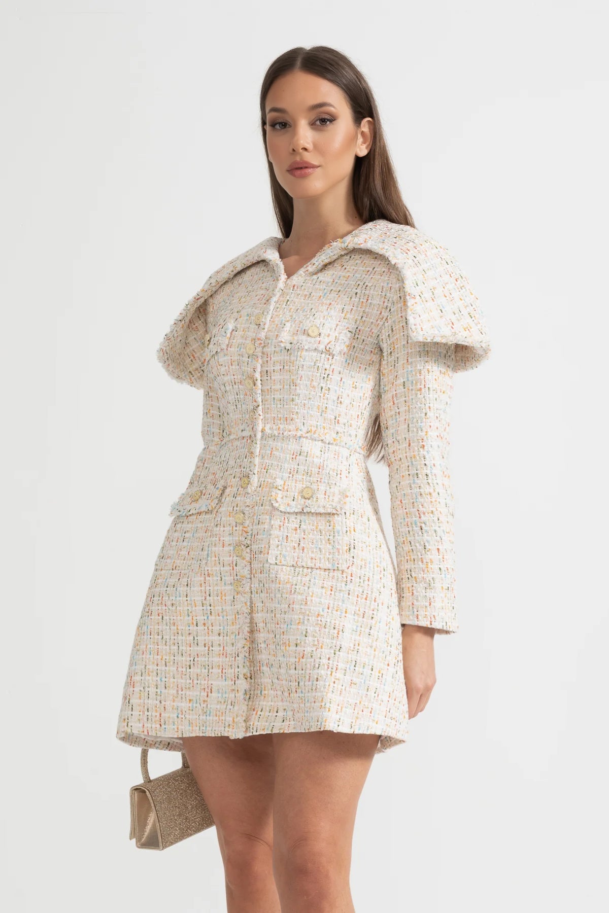 Long Sleeved Textured Tweed Dress With Distinctive Large Shoulder Flaps - Ivoire