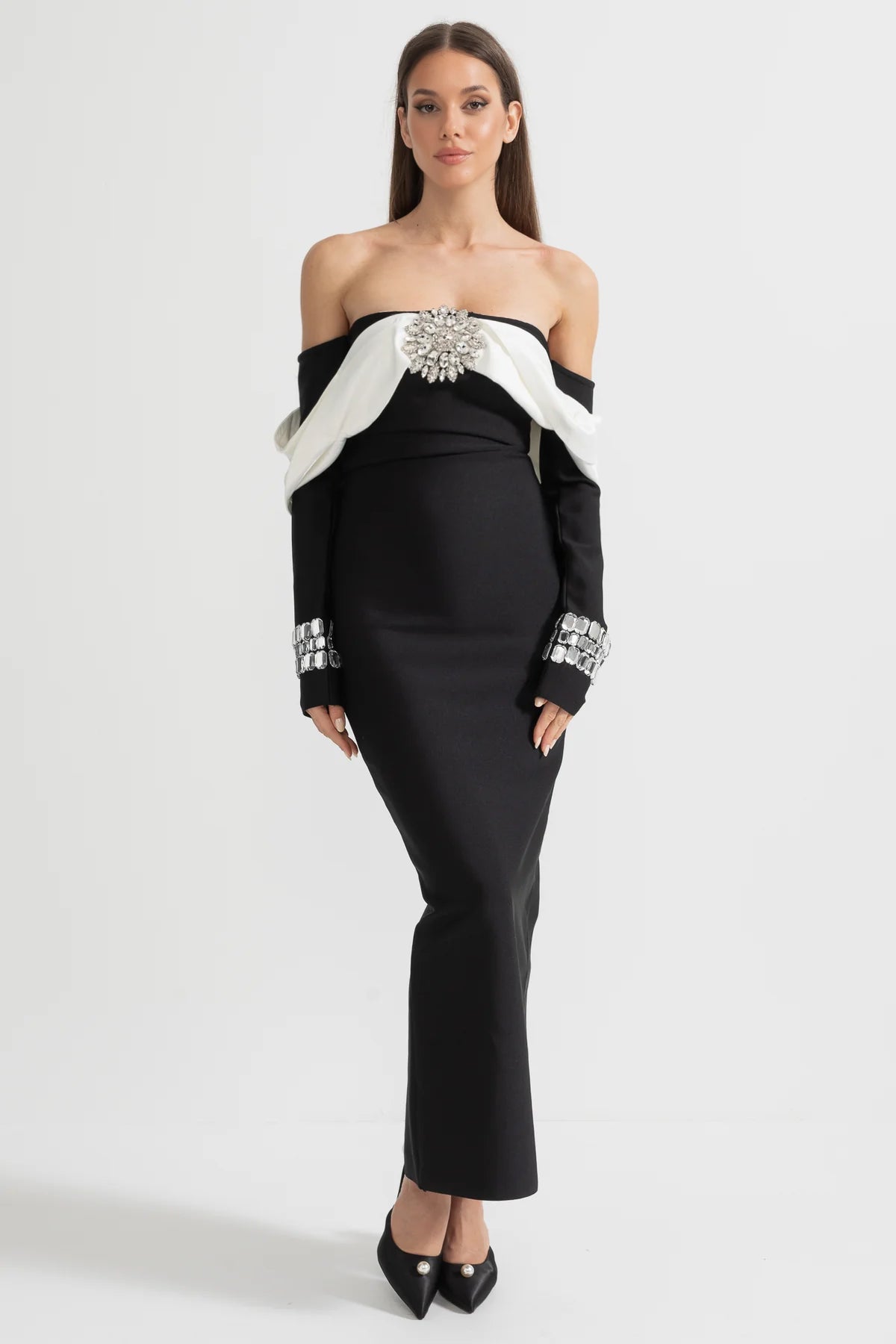 Elegant Off Shoulder Dress With Contrasting Bustier And Sparkling Embellishments - Black