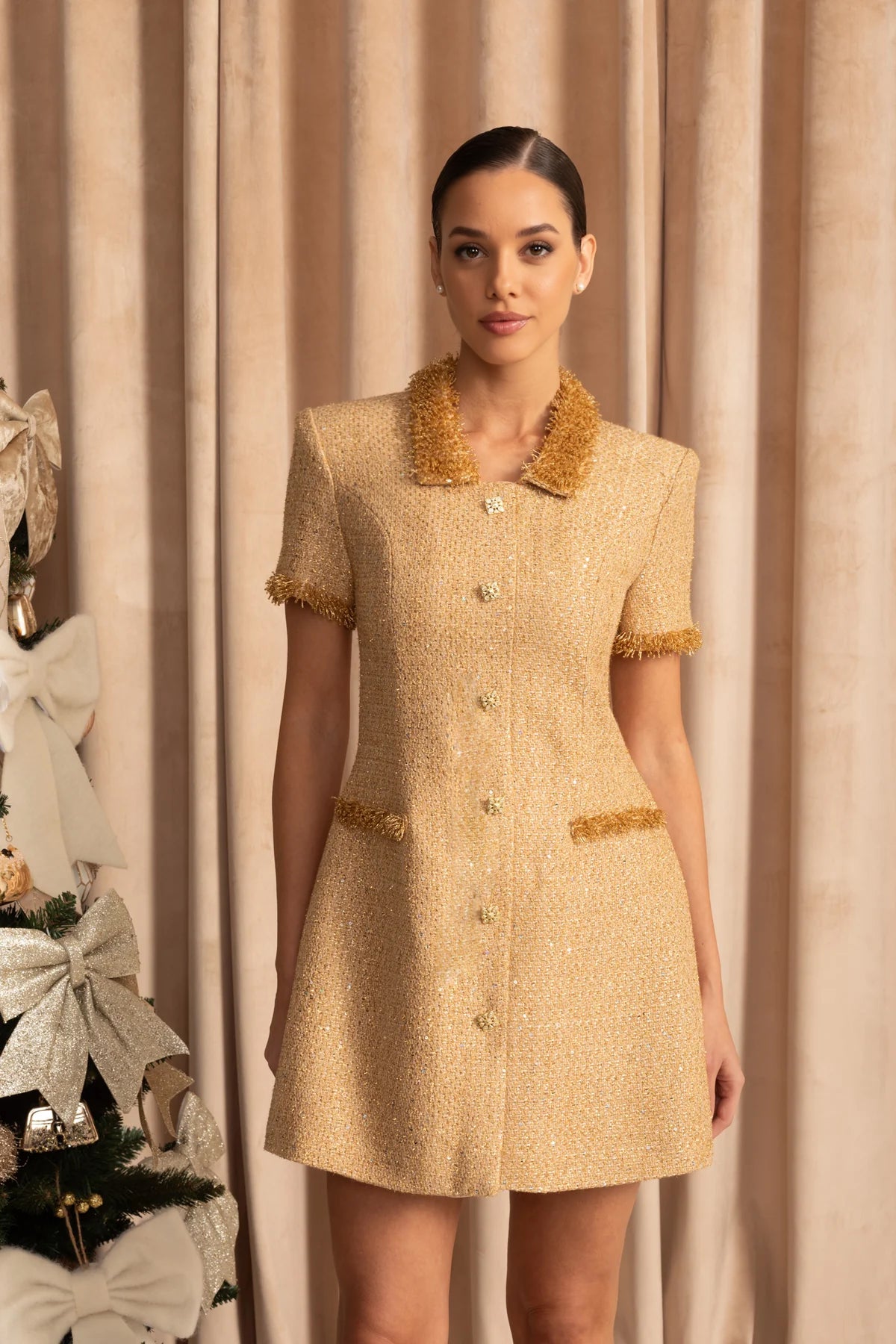 Short Sleeve Tweed Mini Dress With Metallic Fringe Trim – Gold