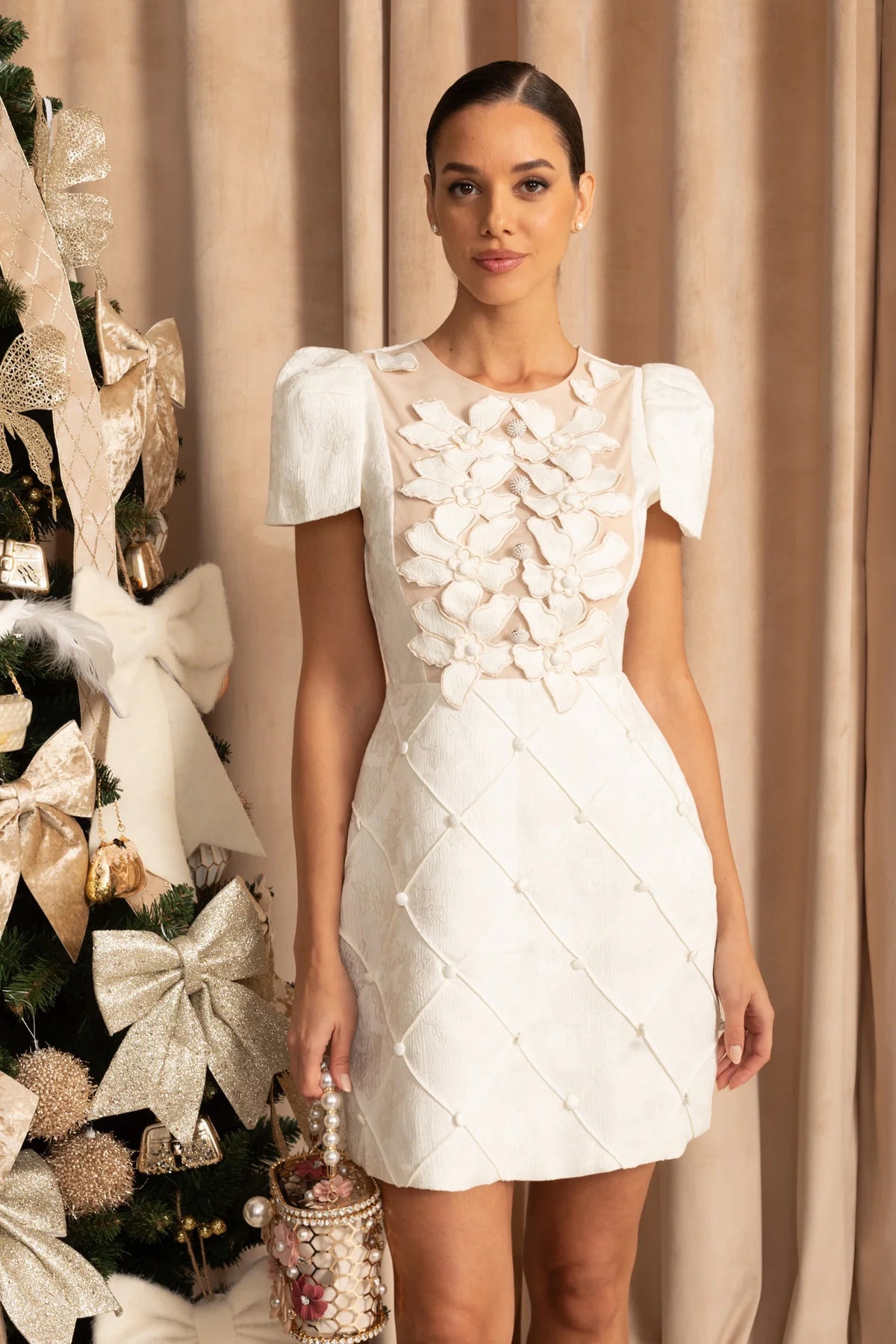 3D Floral Appliqué Mini Dress With Quilted Skirt – White