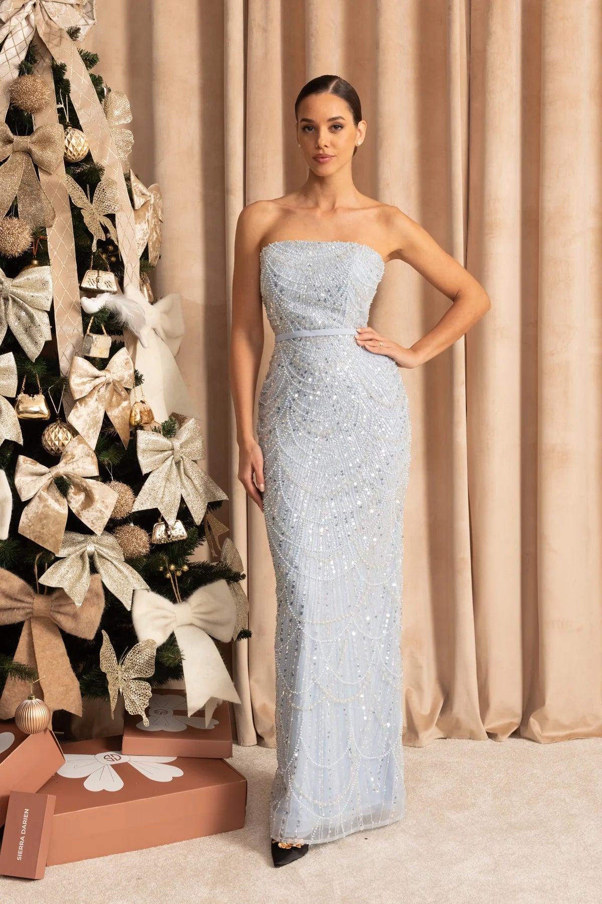 Glamorous Beaded Gown With Detachable Veil - Blue