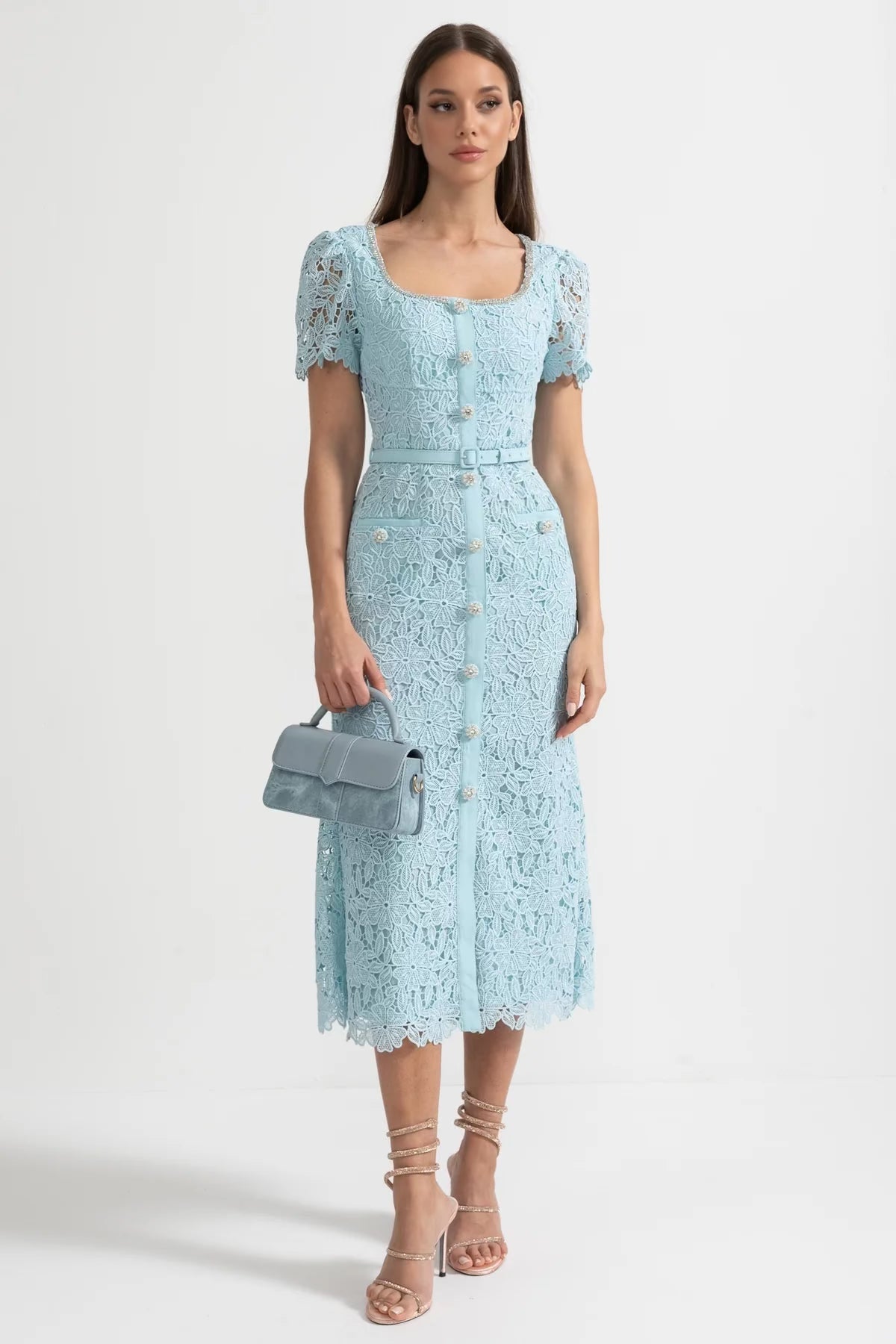 Delicate Azure Lace Midi Dress - Baby Blue XS Delicate Azure Lace Midi Dress - Baby Blue XS