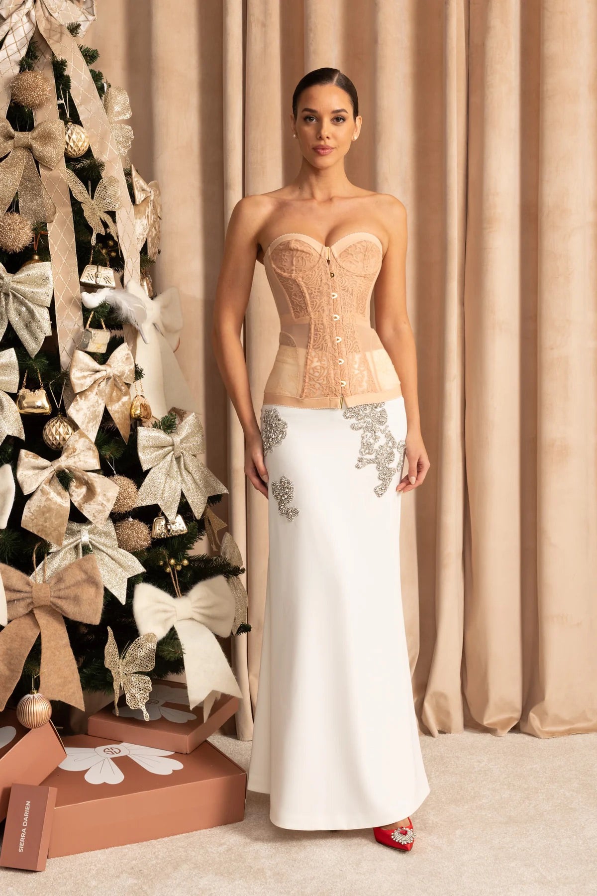 Strapless Lace Corset Top with Boning and Front Closure - Nude