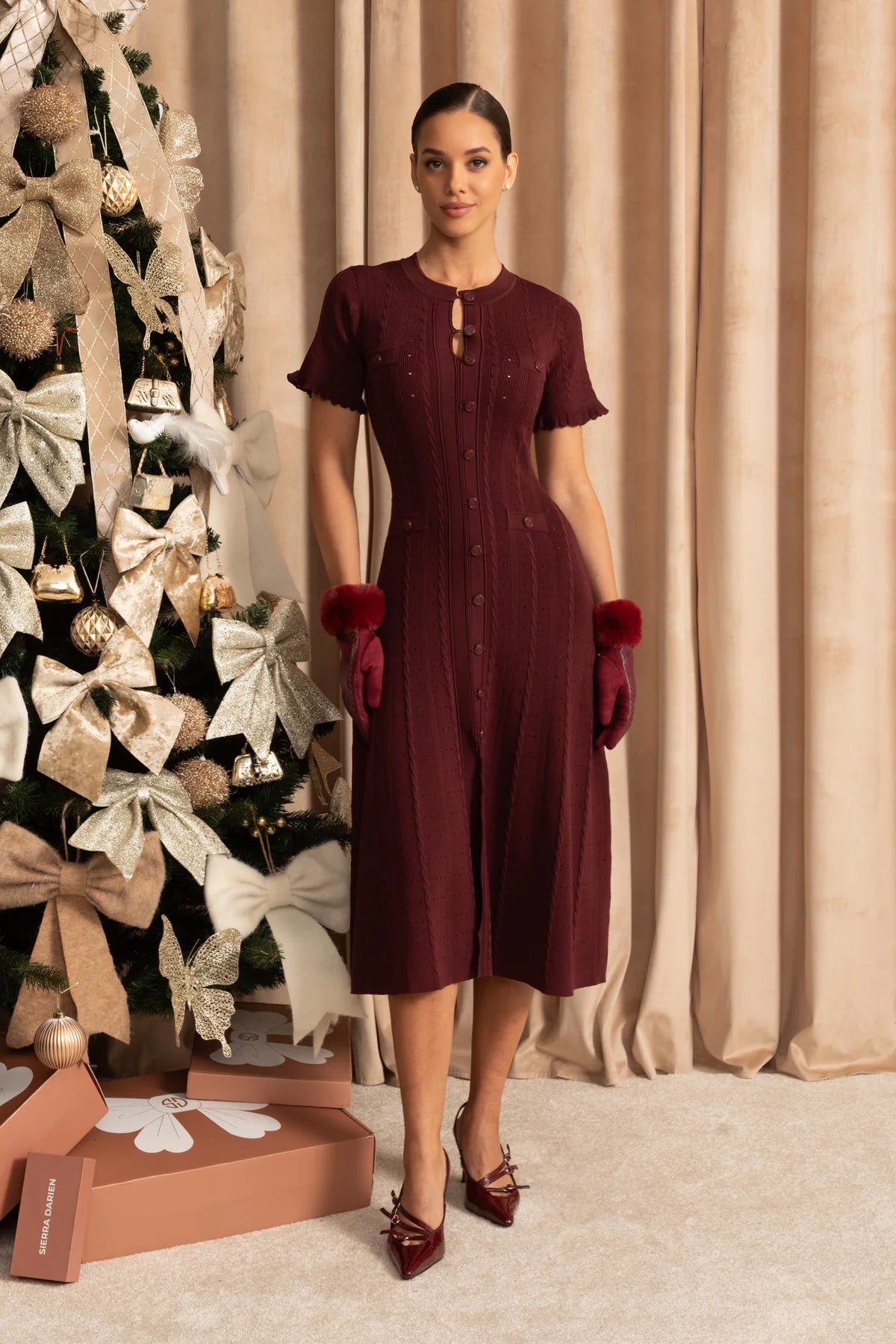 Knit Button-Front Midi Dress with Scalloped Sleeves – Burgundy