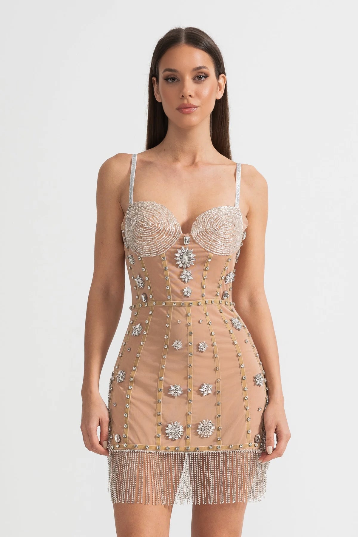 Mini Dress With Fitted Bodice, Silver Beading Accents And Sparkling Fringed Hem - Beige