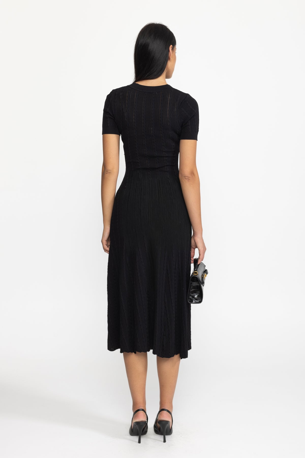 Cable Knit Jewel-Button Midi Dress - Black