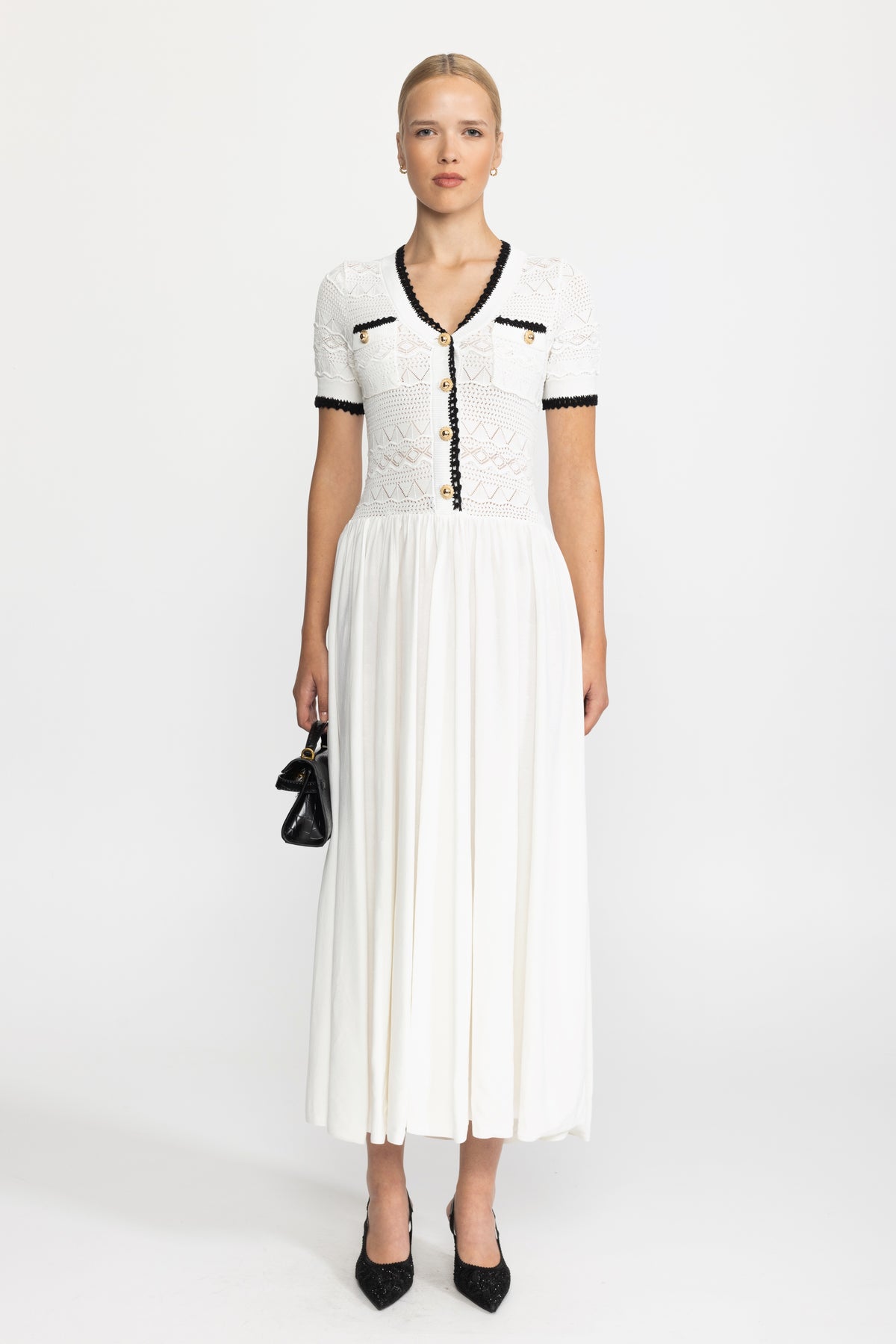 Pointelle Knit Bodice Belted Maxi Dress - White