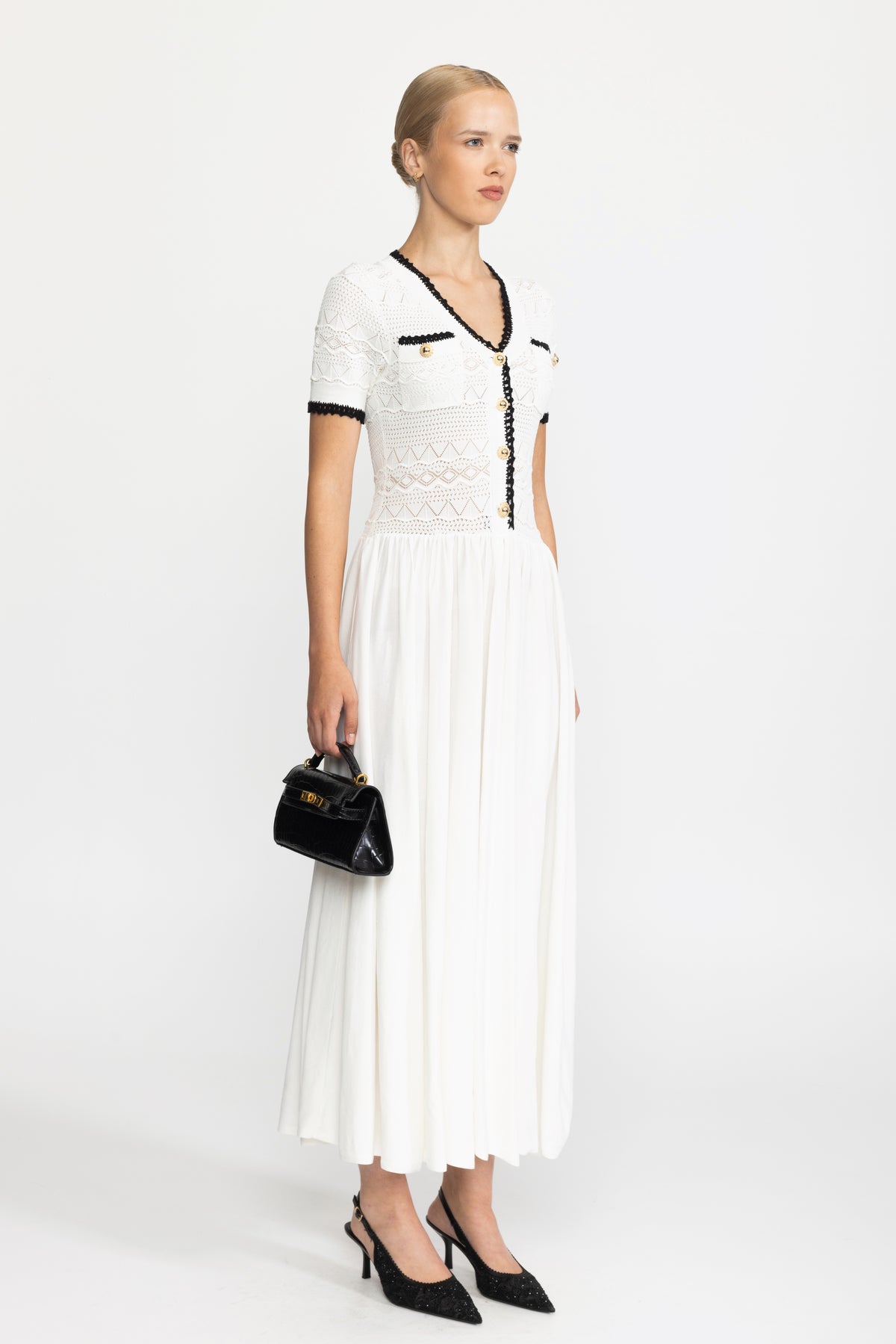 Pointelle Knit Bodice Belted Maxi Dress - White