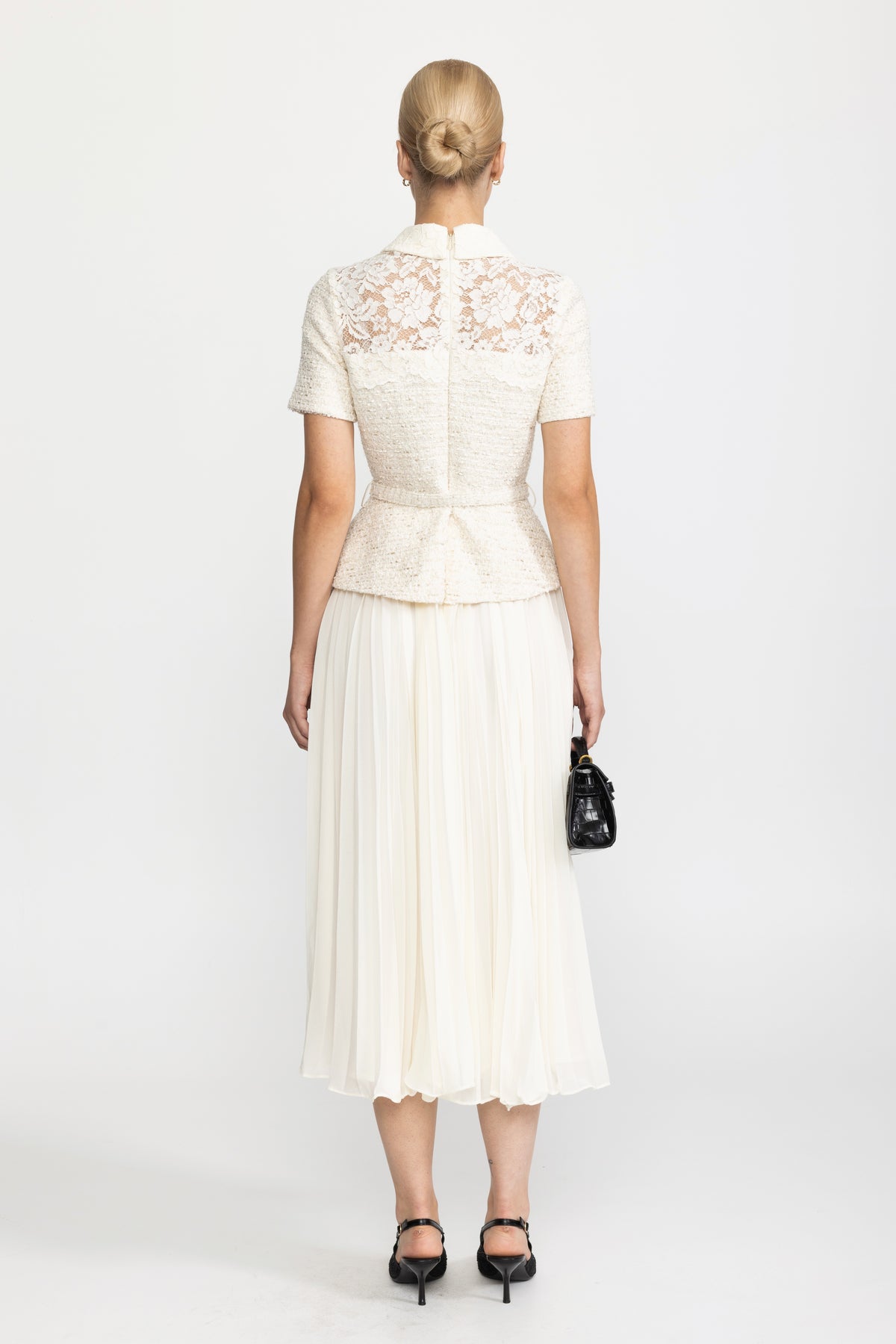 Lace Yoke Tweed Peplum Dress with Pleated Skirt - Ivoire
