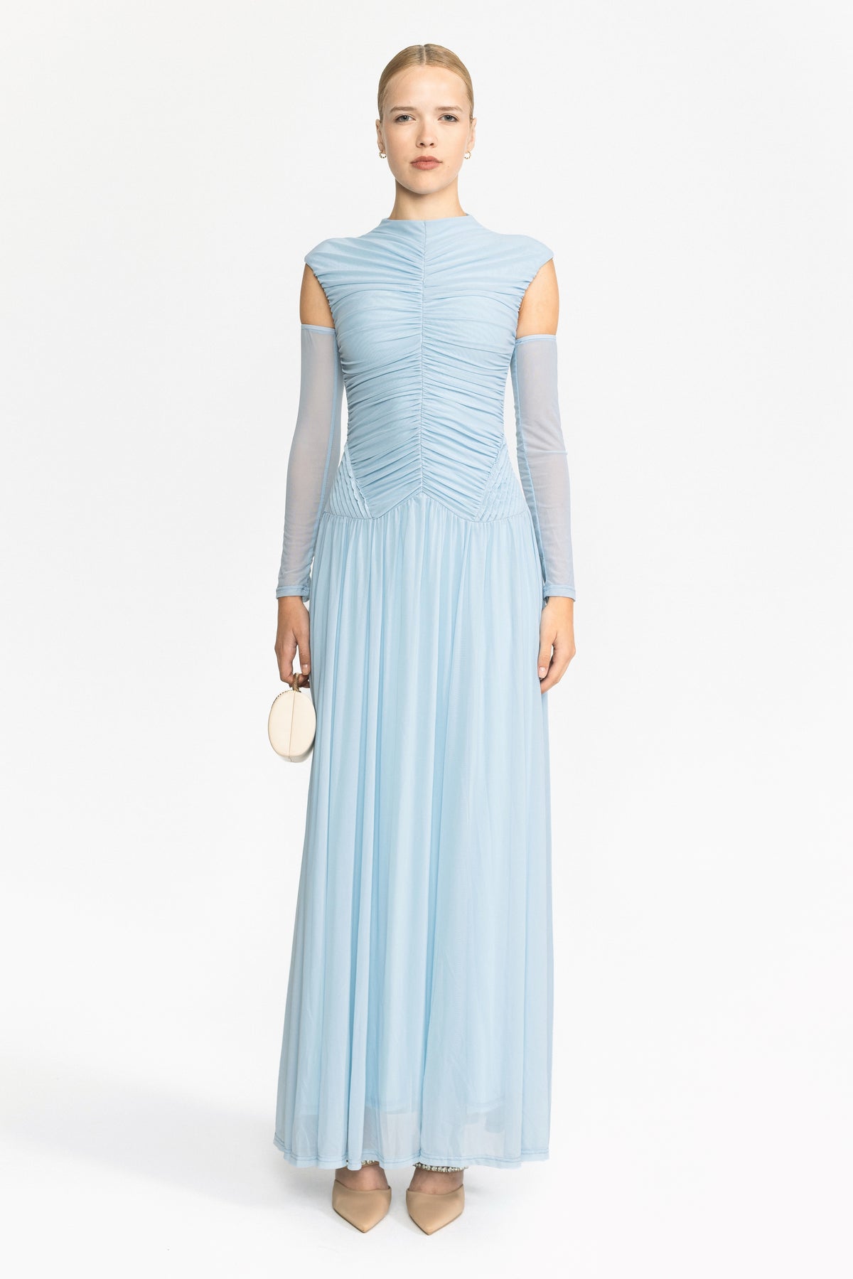 Ruched Mesh Drop Waist Maxi Dress - Sky Blue