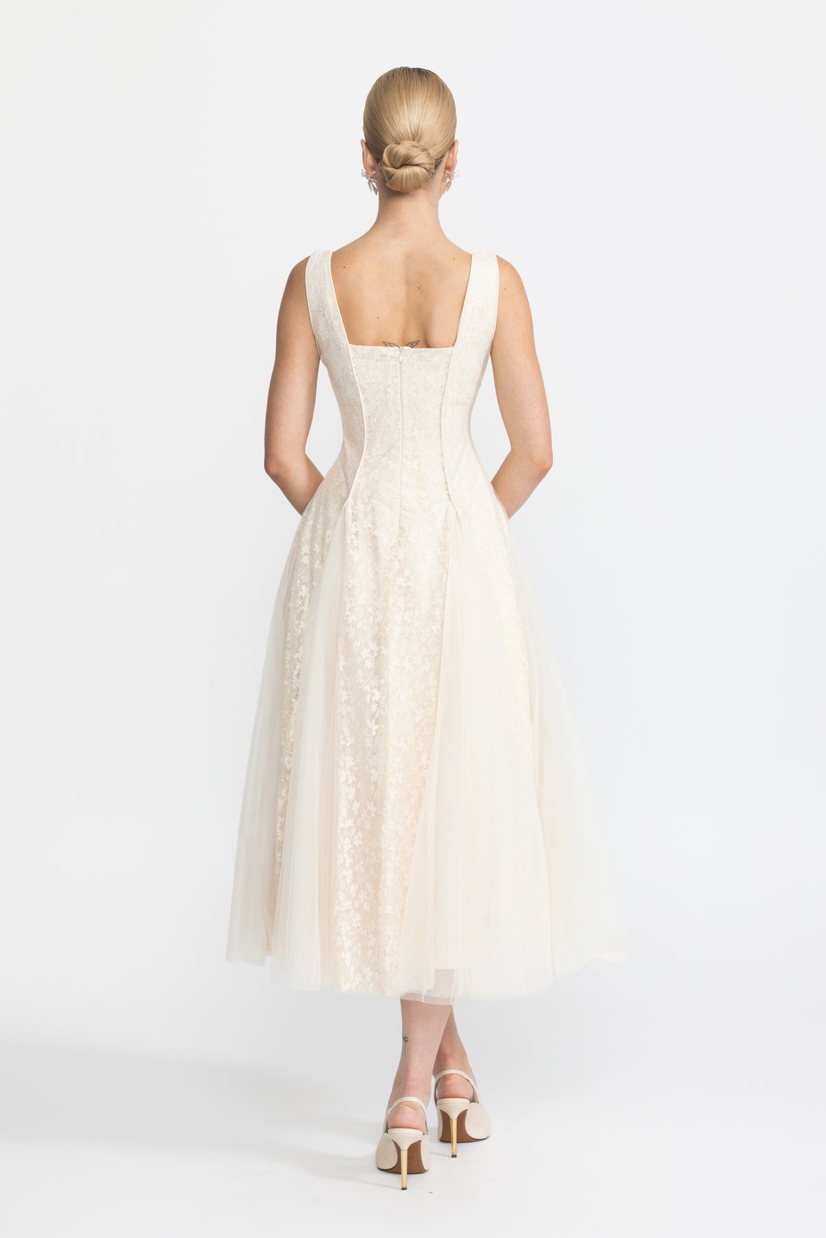 Lace Panel Corset Tulle Midi Dress - Ivoire