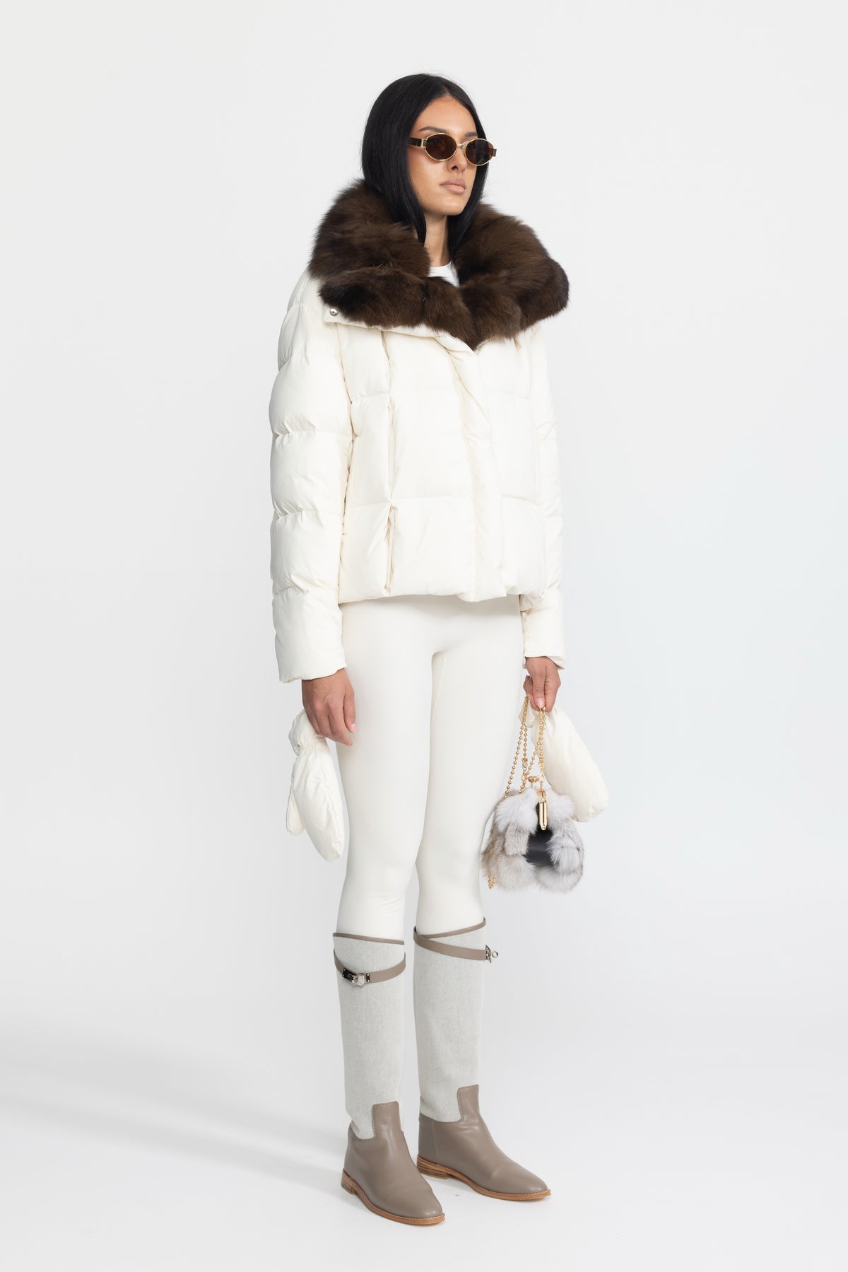 Fox Fur Collar Cropped Down Puffer Jacket - Ivoire