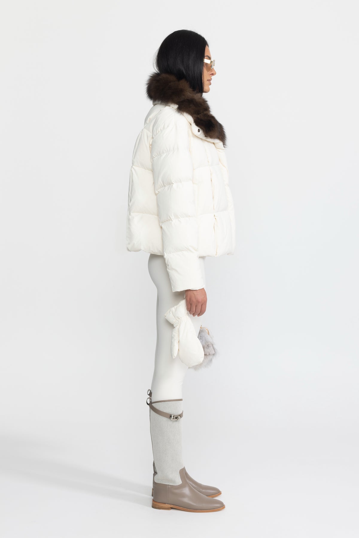 Fox Fur Collar Cropped Down Puffer Jacket - Ivoire