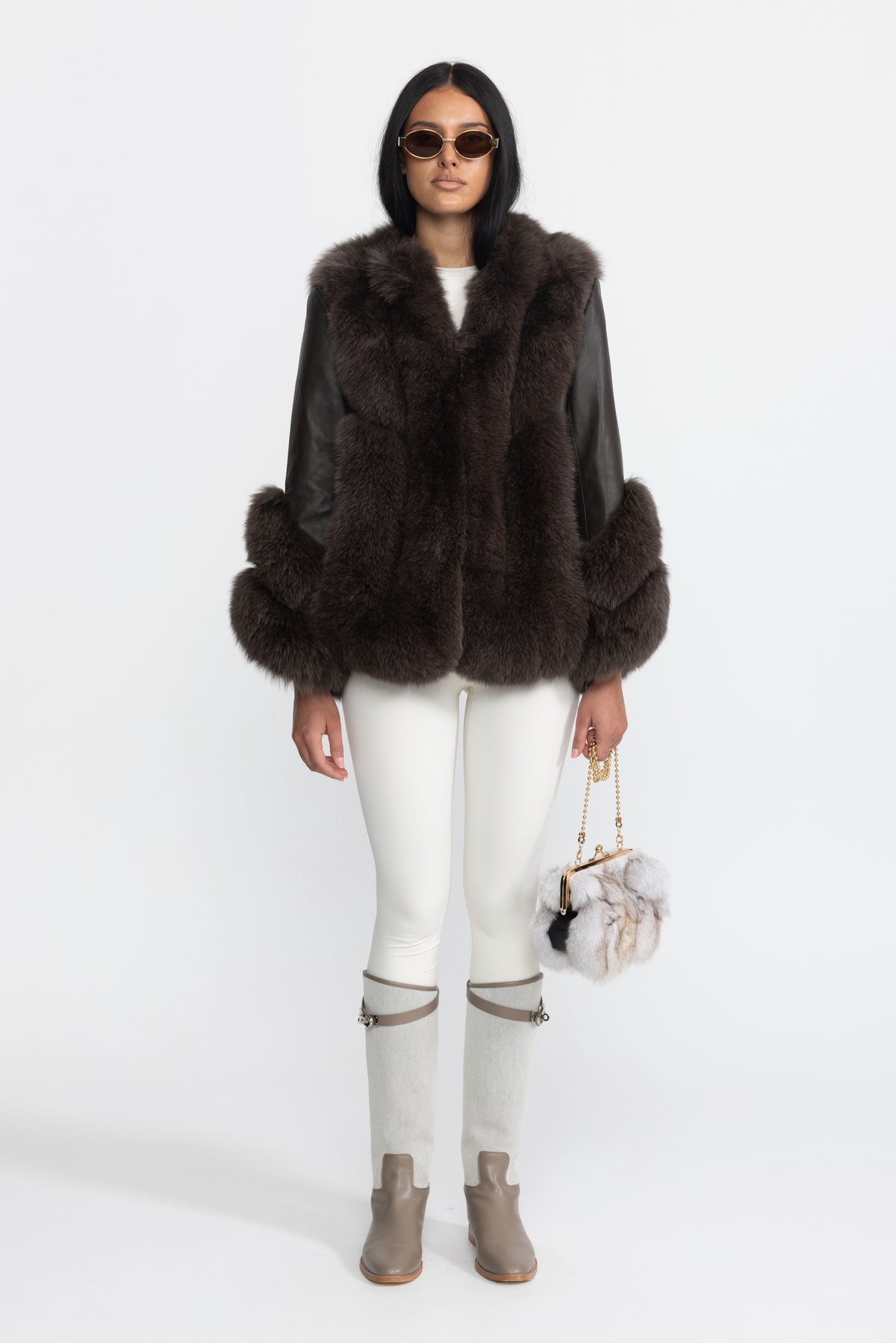 Fox Fur Panel Shearling Jacket - Chocolate