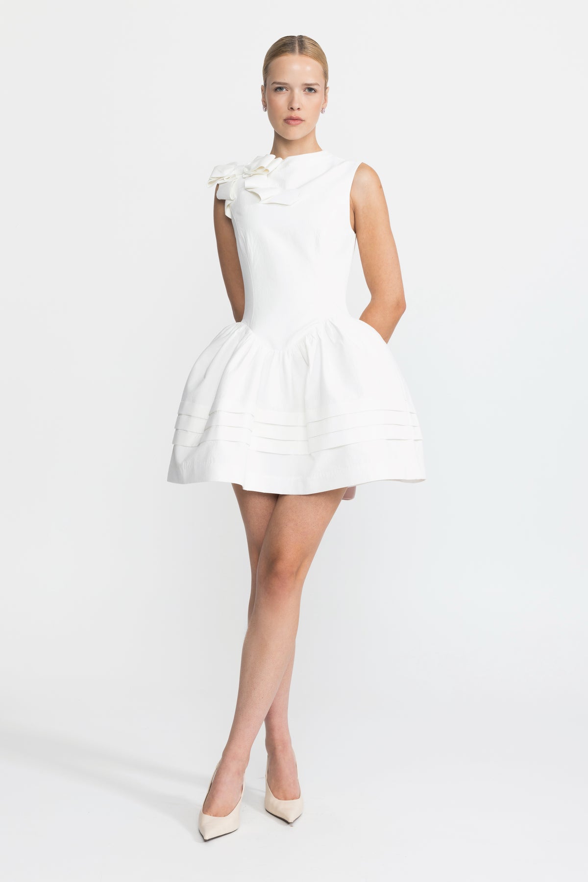 Sculpted Bow Drop Waist Cotton Mini Dress - White