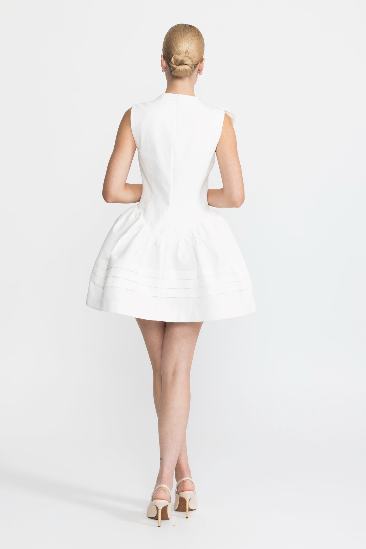 Sculpted Bow Drop Waist Cotton Mini Dress - White