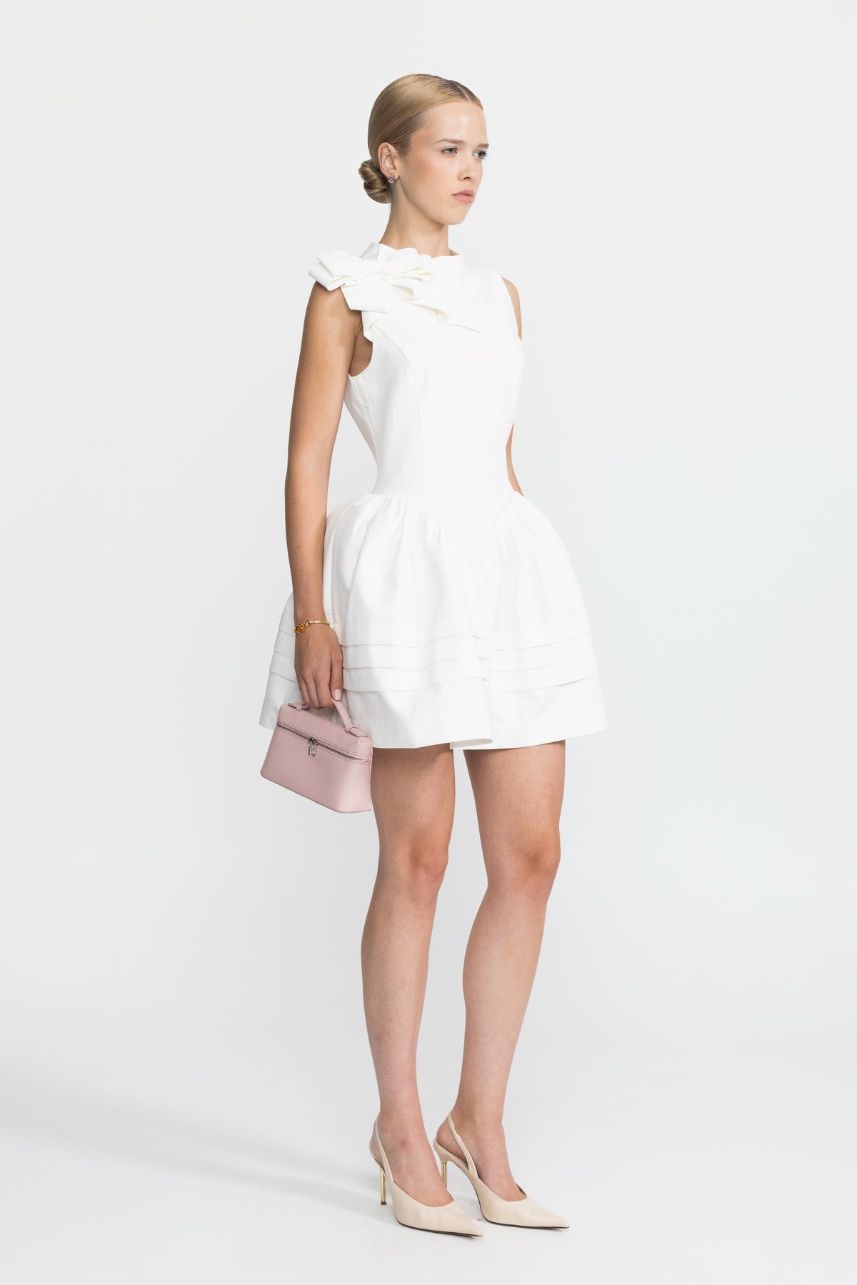 Sculpted Bow Drop Waist Cotton Mini Dress - White