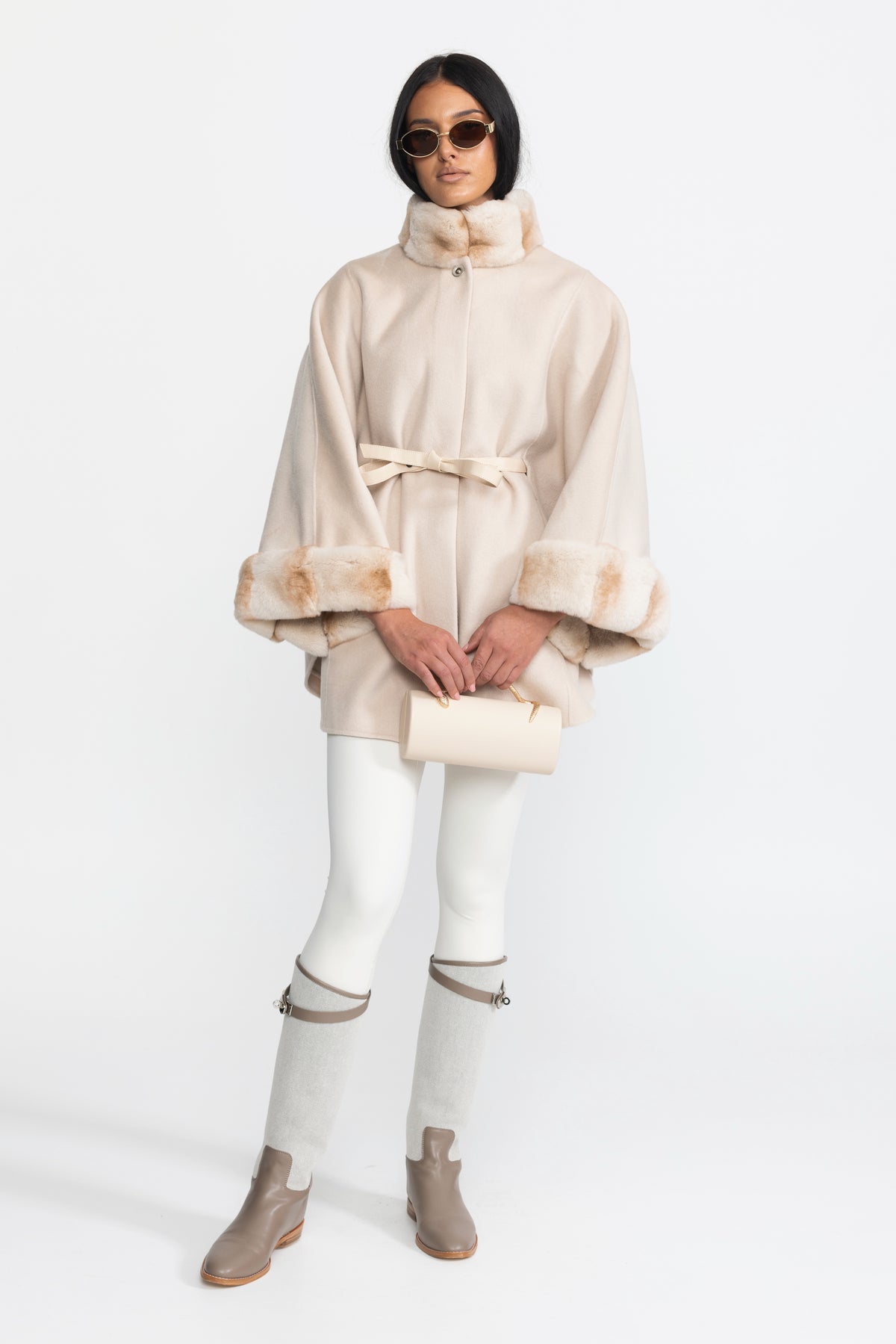 Belted Wool&Cashmere Cape Coat with Chinchilla Rex Fur Collar and Cuffs - Ivoire