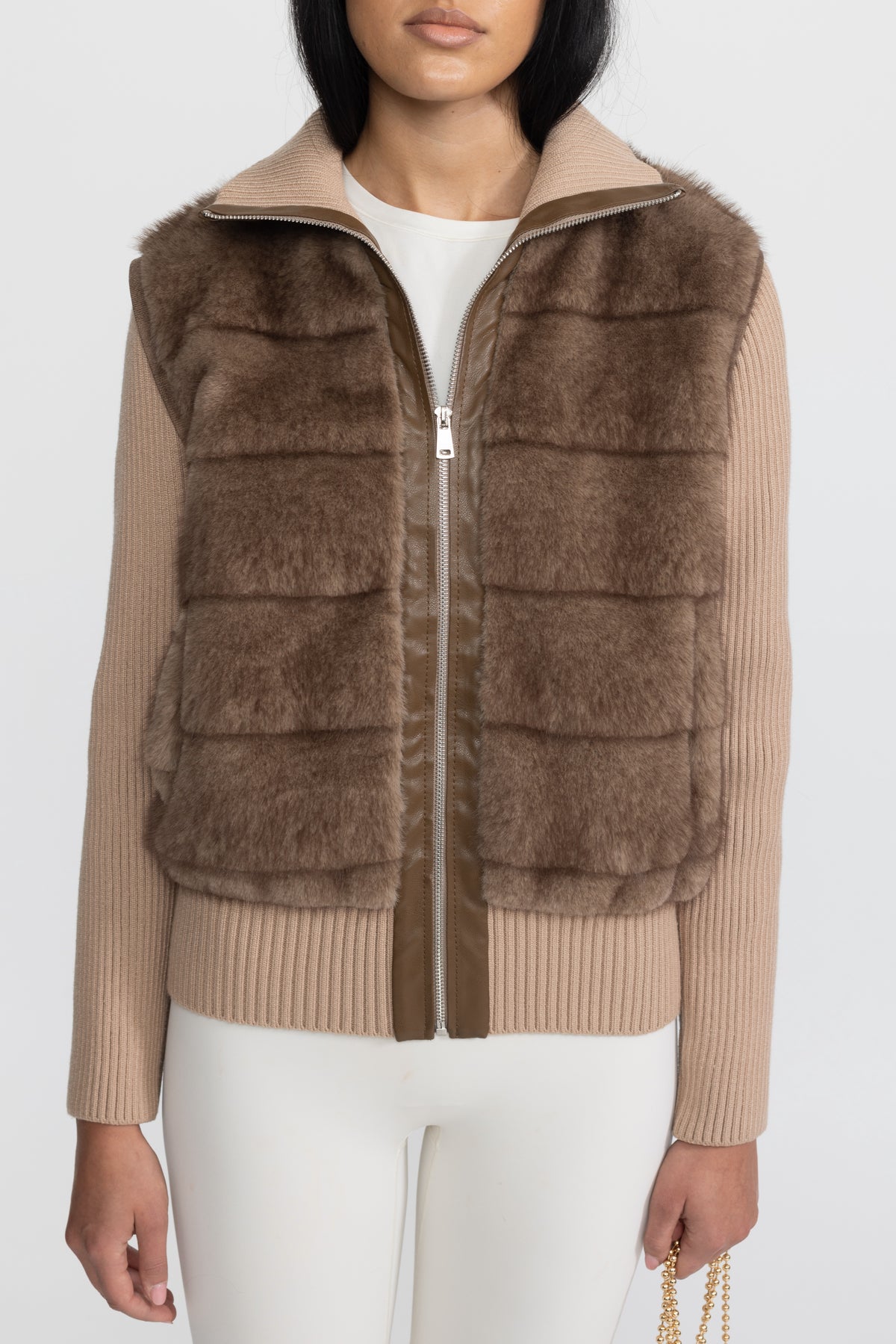 Plush Panel Knit Sleeve Zip Jacket - Mocha
