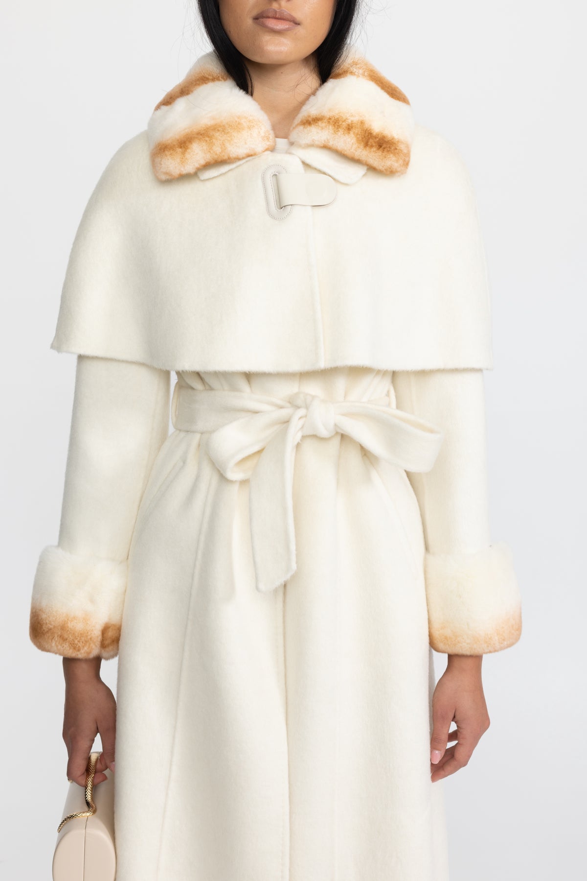 Rex Rabbit Fur Collar Capelet Wool Coat - Ivoire