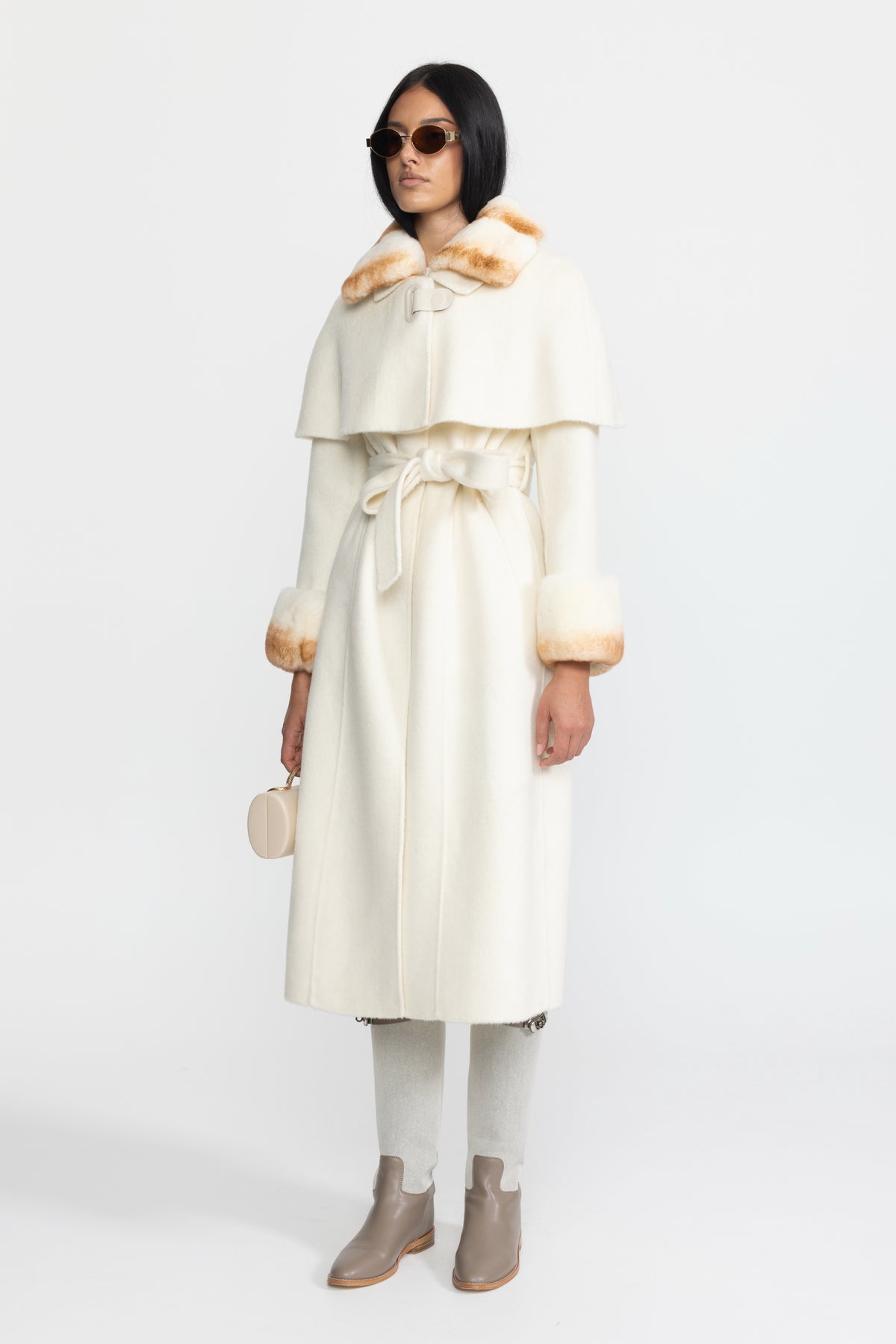 Rex Rabbit Fur Collar Capelet Wool Coat - Ivoire
