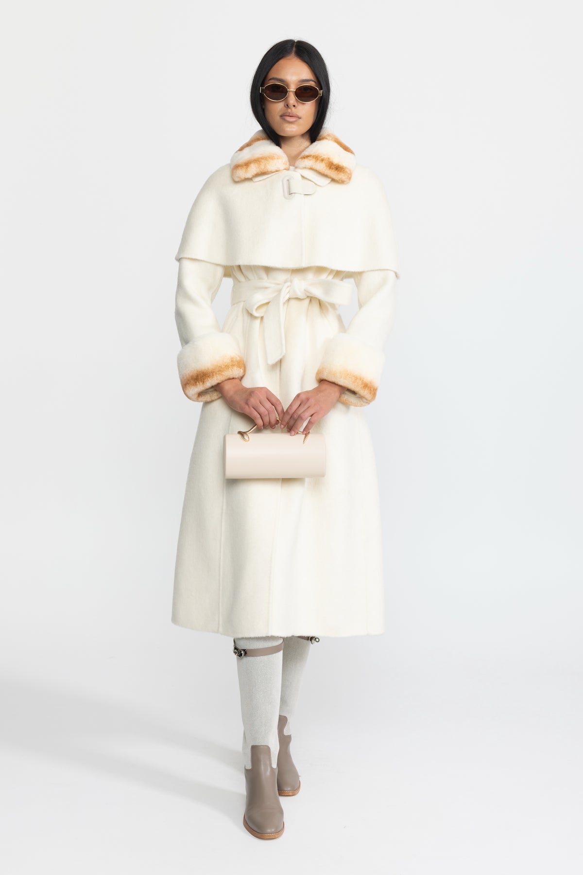Rex Rabbit Fur Collar Capelet Wool Coat - Ivoire