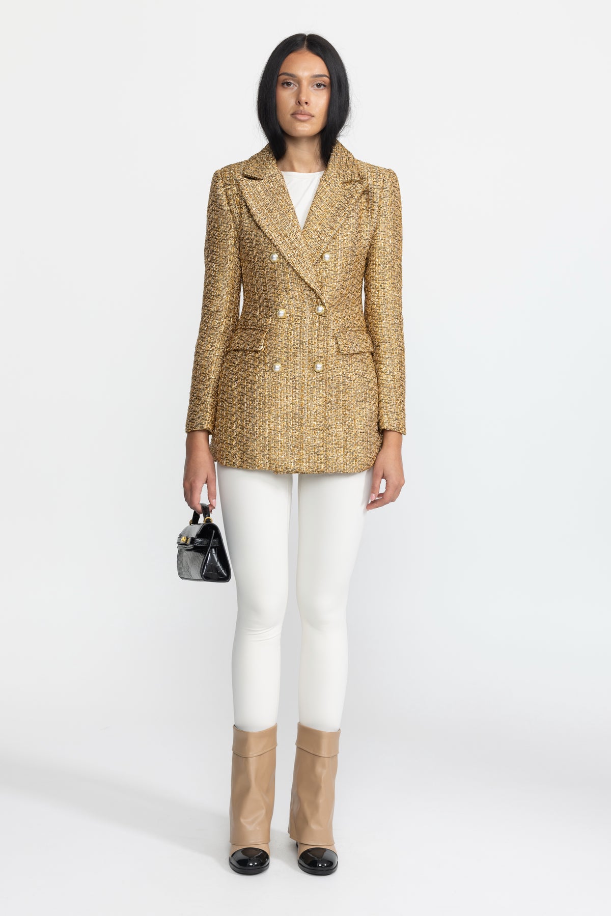 Metallic Tweed Double-Breasted Blazer with Pearl Buttons - Gold