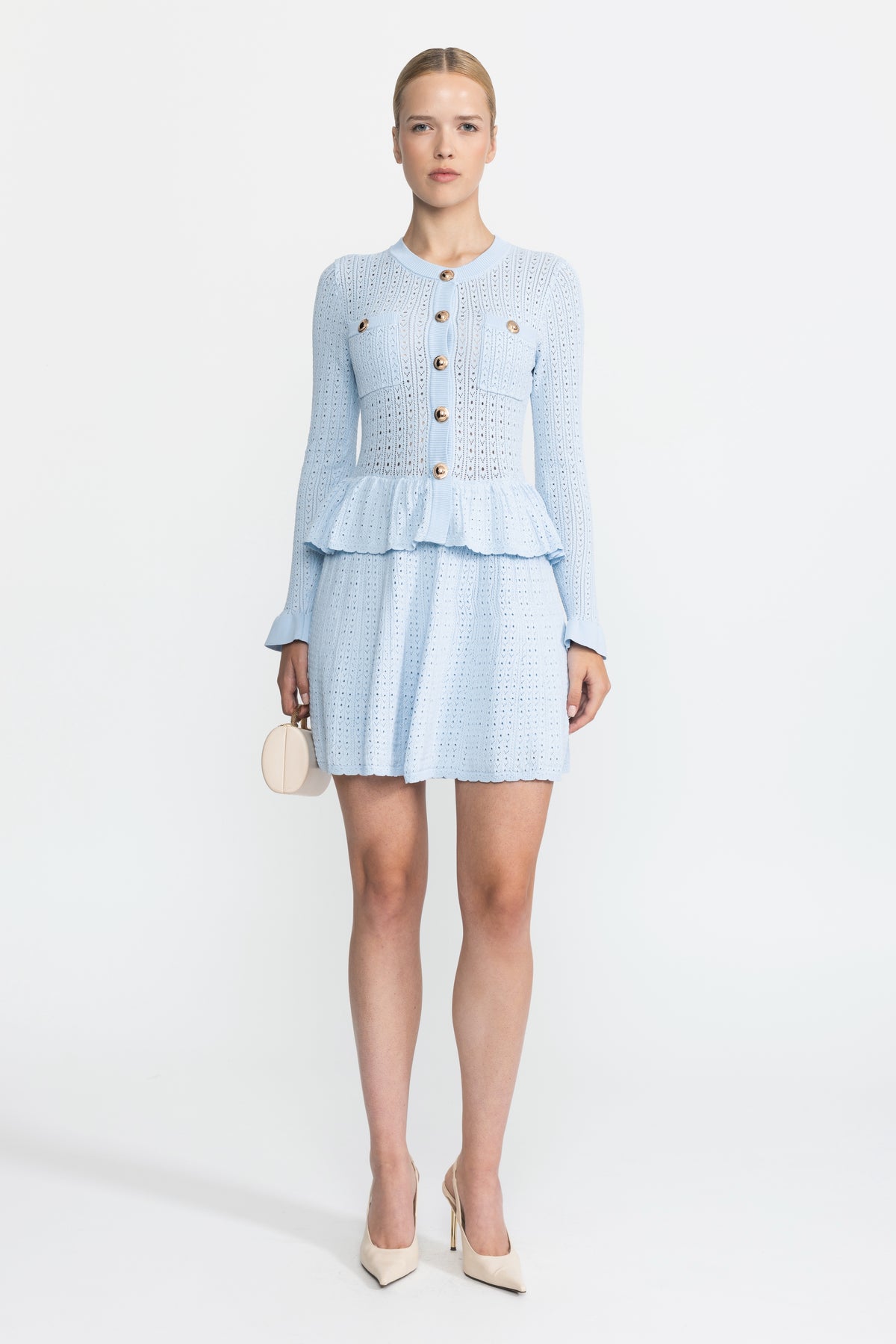 Pointelle Knit Peplum Mini Dress with Gold Buttons - Light Blue