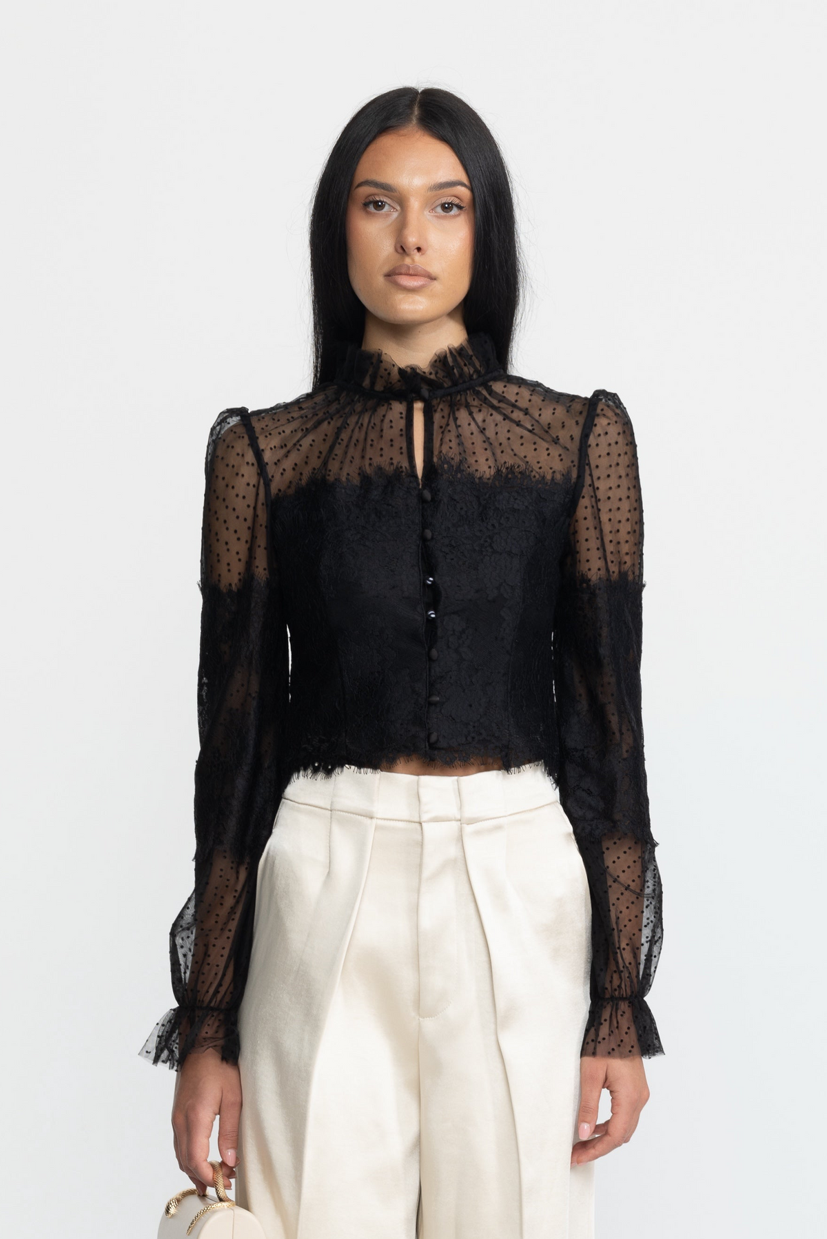 Ruffle Neck Lace and Dot Mesh Cropped Blouse - Black