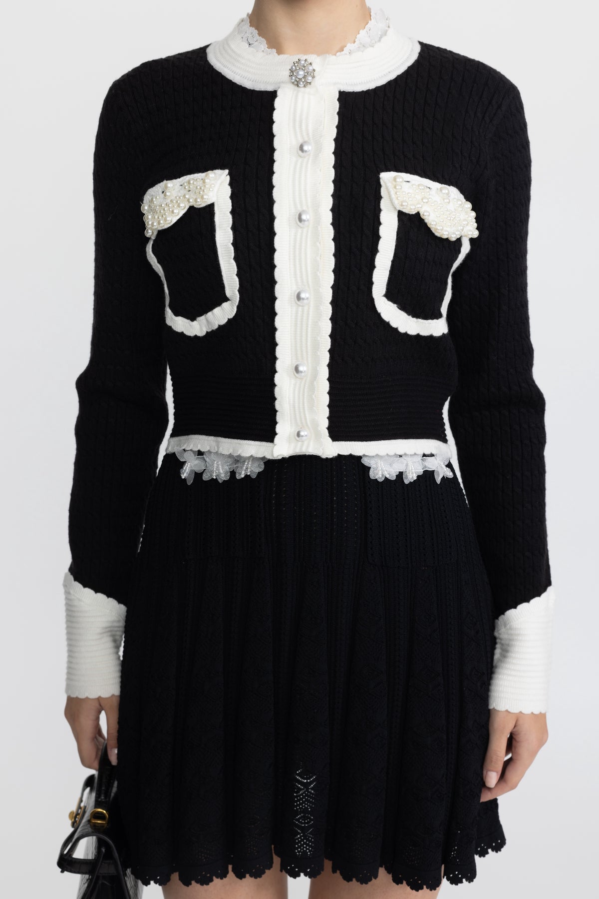Pearl Embellished Contrast Trim Cable Knit Cropped Cardigan - Black