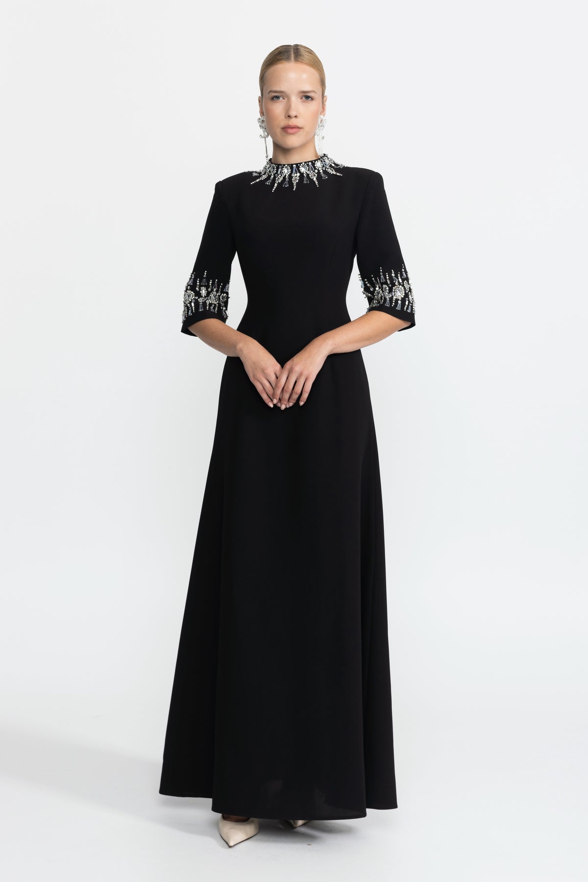 Crystal Embellished Collar and Cuff Maxi Dress - Black