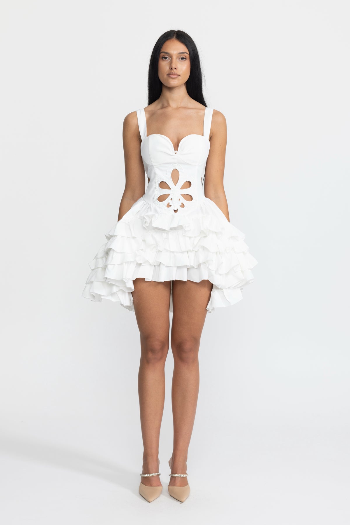 Embroidered Flower Cutout Ruffle Mini Dress - White