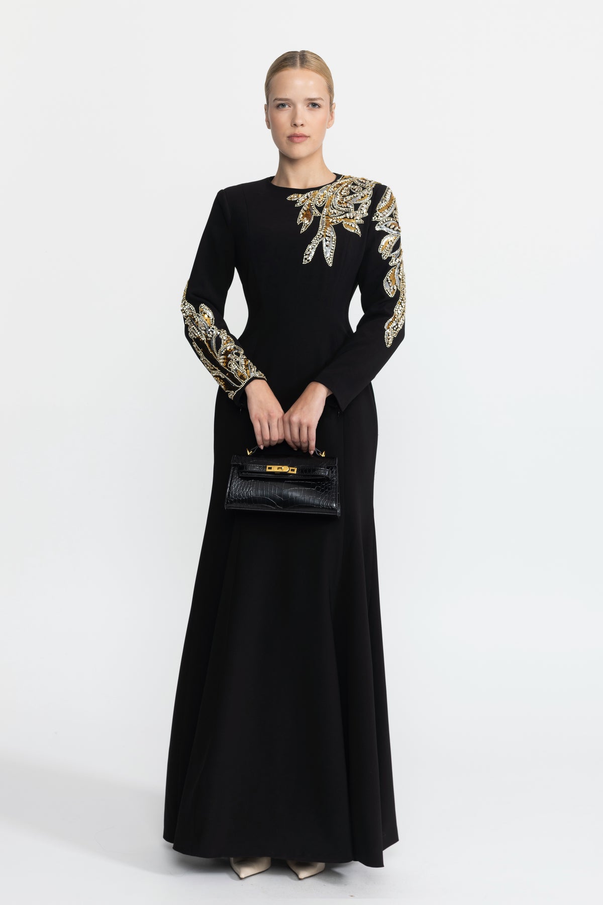 Crystal Leaf Embellished Long Sleeve Maxi Dress - Black