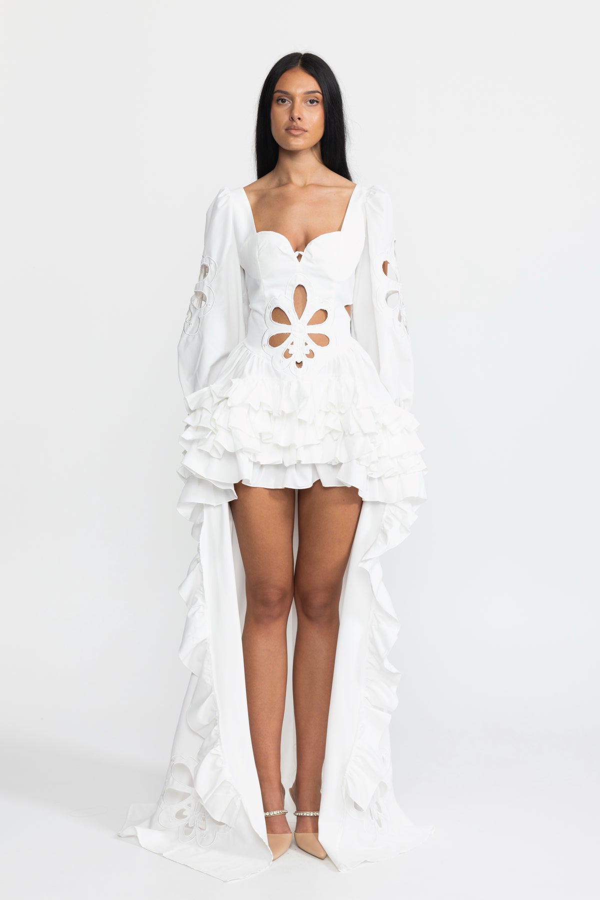 Embroidered Cutout Puff Sleeve High-Low Ruffle Gown - White