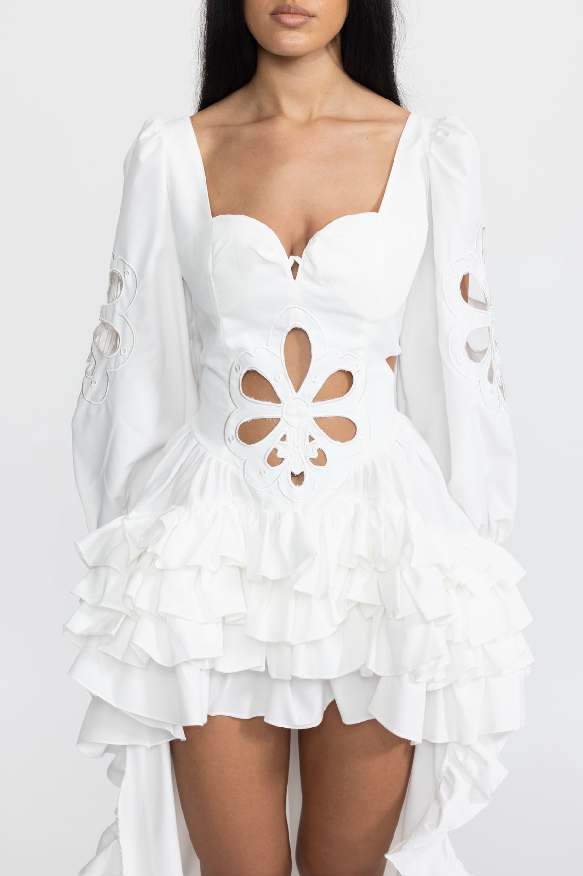 Embroidered Cutout Puff Sleeve High-Low Ruffle Gown - White