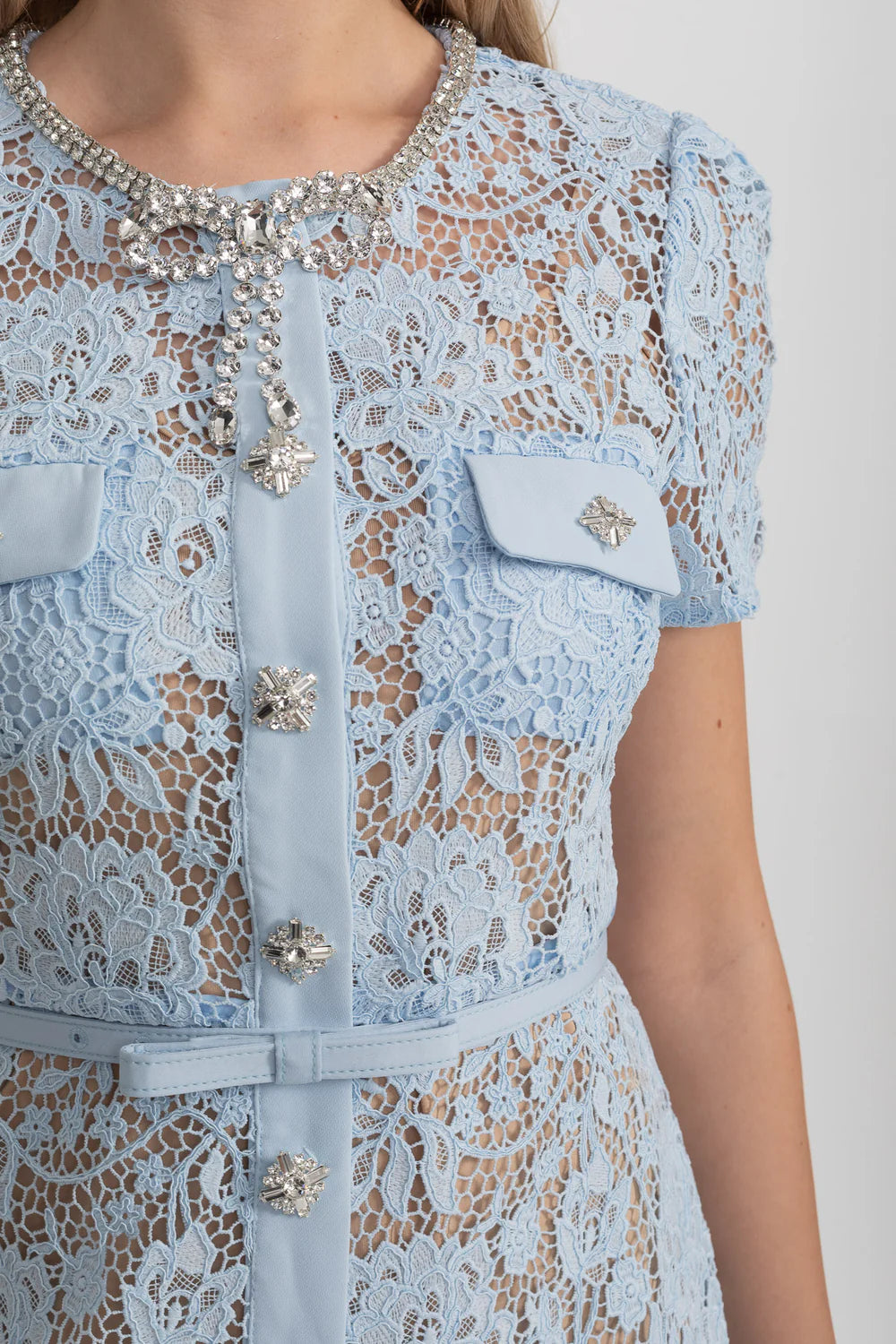 Lace Mini Dress With Buttoned Closure, Sparkling Embellishments And Coordinated Belt - Baby Blue