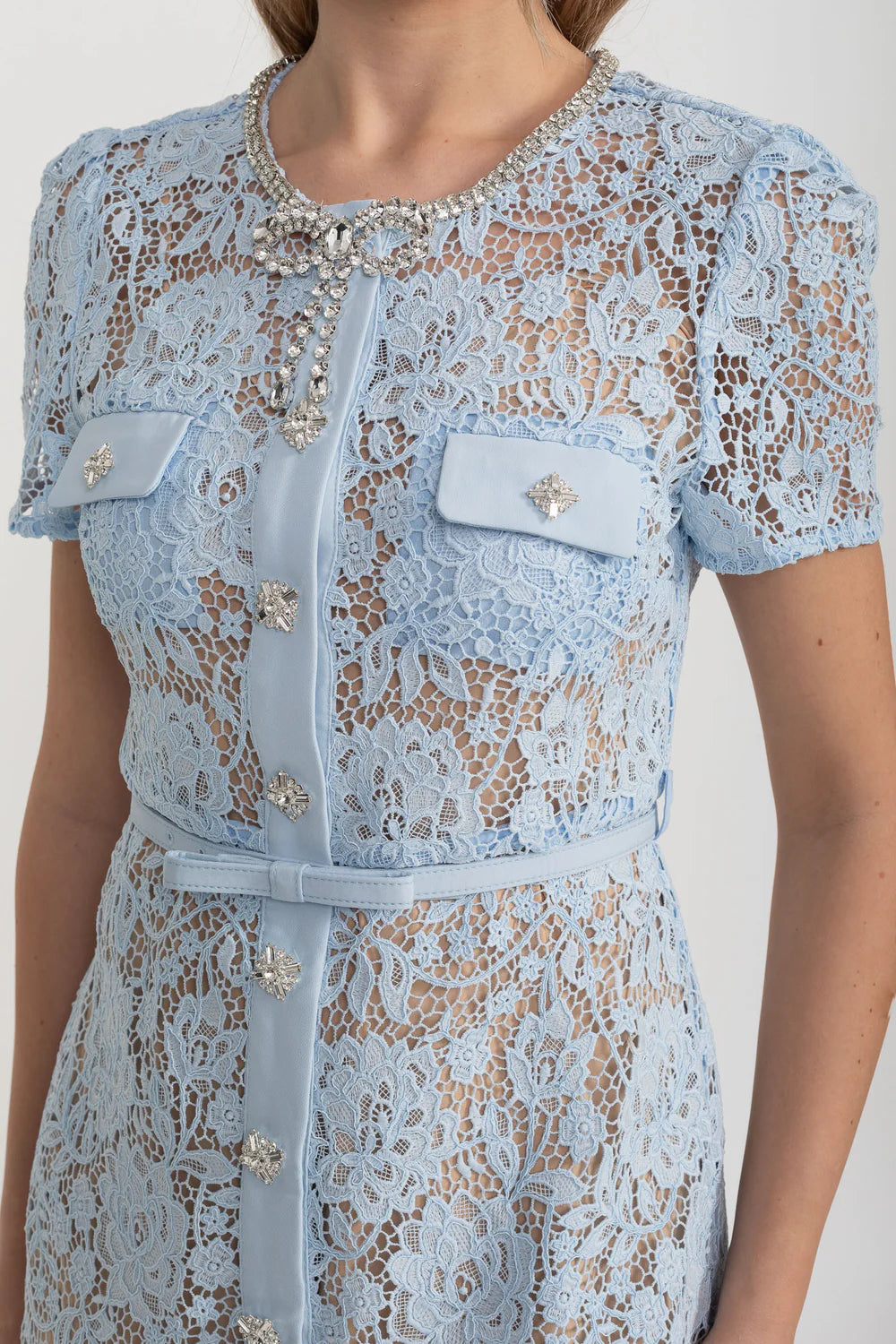 Lace Mini Dress With Buttoned Closure, Sparkling Embellishments And Coordinated Belt - Baby Blue