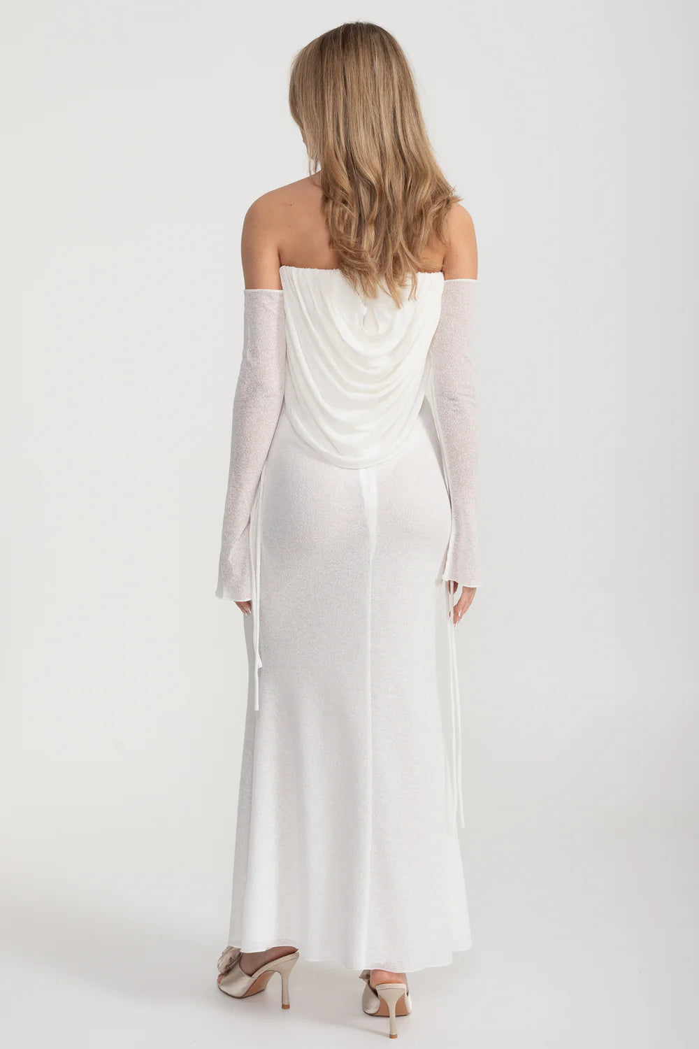 Elegant Flowing Dress With Long Sleeves, Top Draping And Central Rose Adornment - White