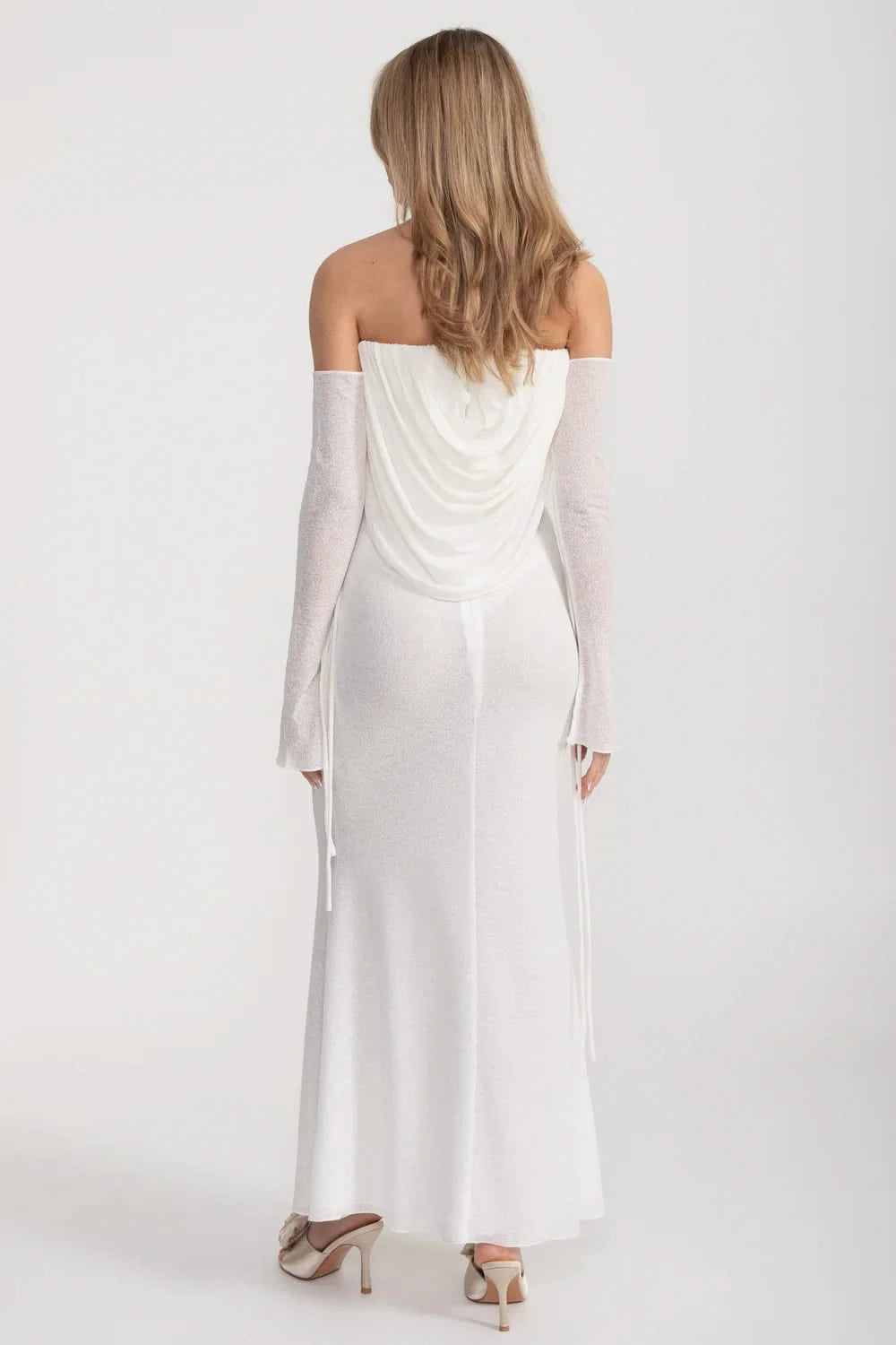 Elegant Flowing Dress With Long Sleeves, Top Draping And Central Rose Adornment - White