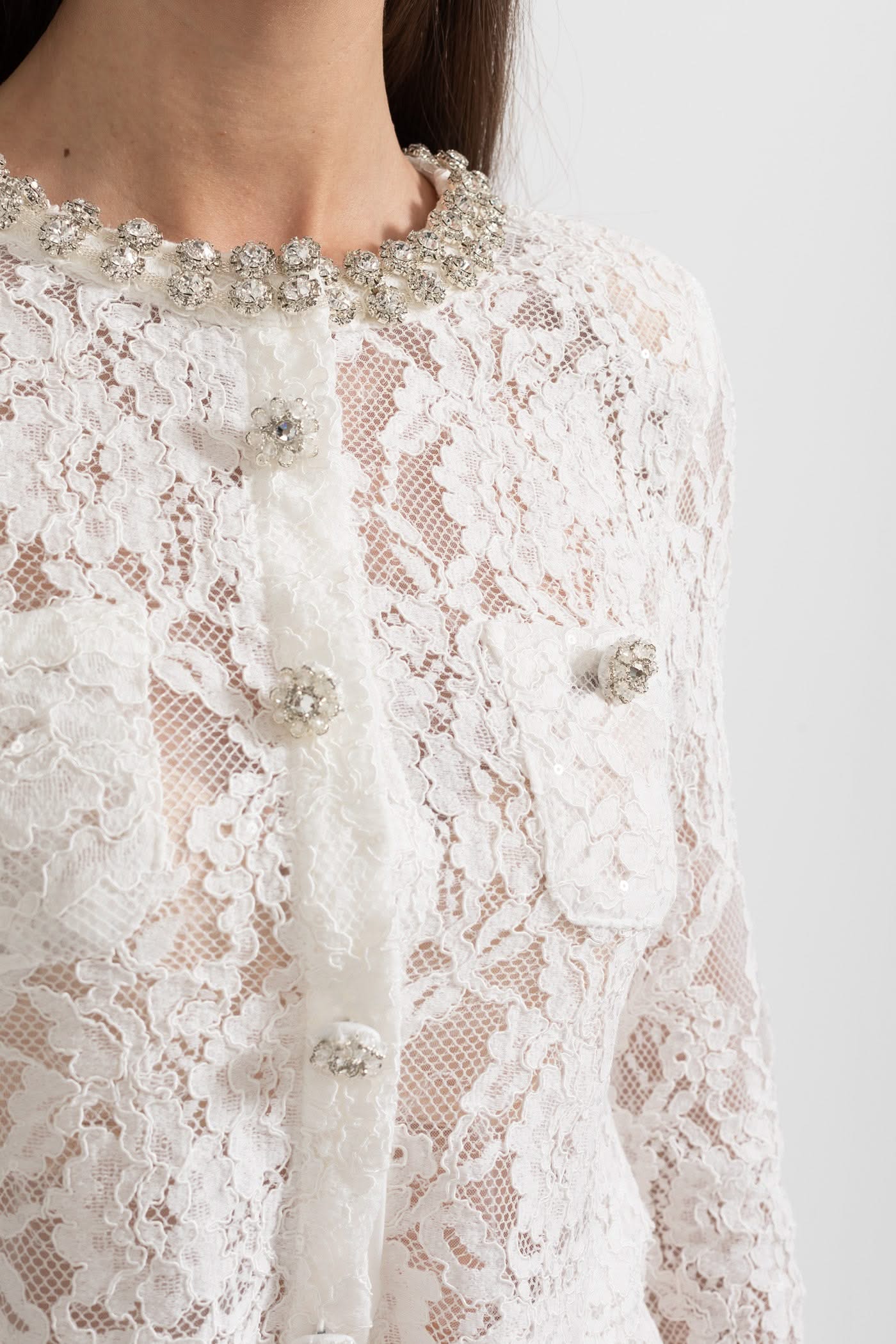 Lace Co-Ord With Sparkling Neckline Embellishments And Midi Skirt - White