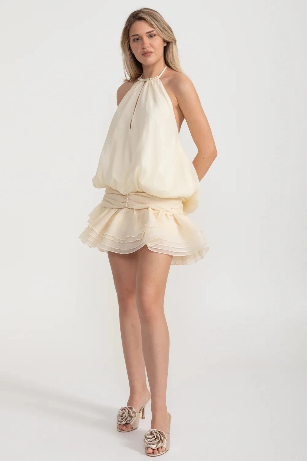 Mini Halter Dress With Oversized Billowy Silhouette And Layered Ruffled Skirt - Ivoire