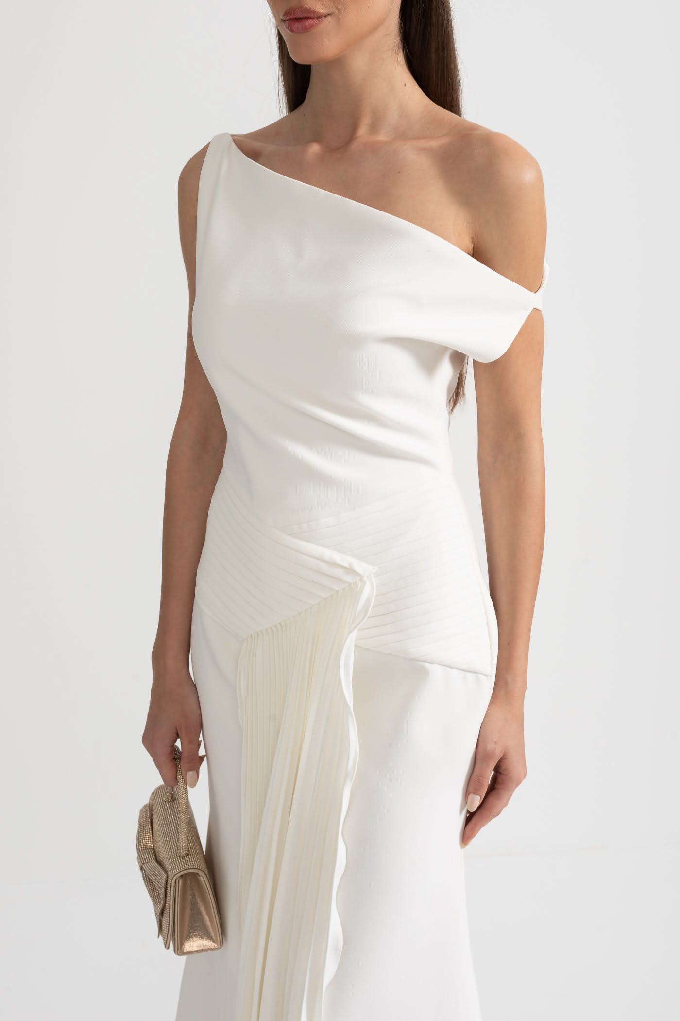 Off-Shoulder Midi Dress With Pleated Waist Detailing - White