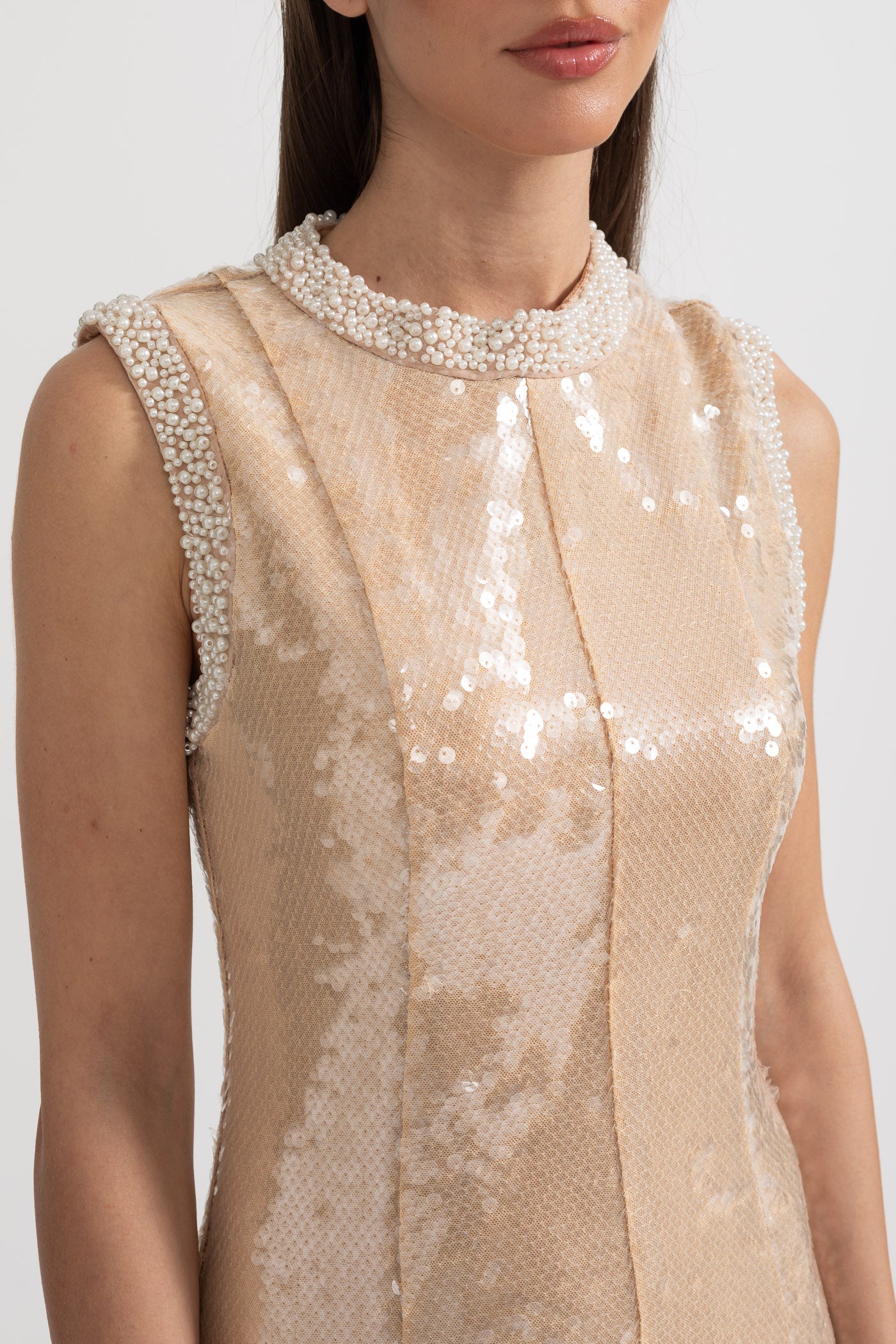 Elegant Sequin Dress With White Pearl Embellishments - Beige