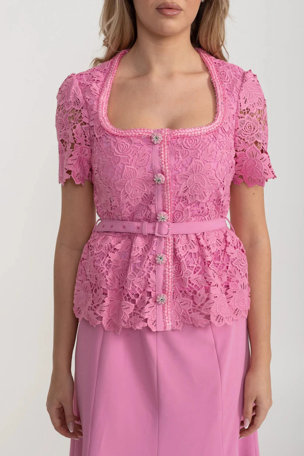 Elegant Dress With Lace Top, Matching Belt And Coordinated Skirt - Pink