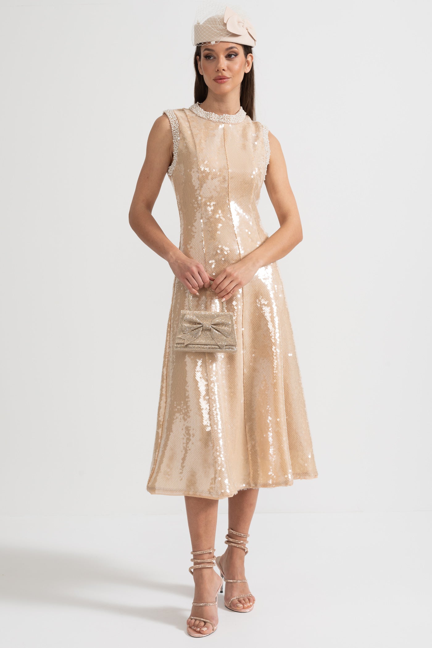 Elegant Sequin Dress With White Pearl Embellishments - Beige