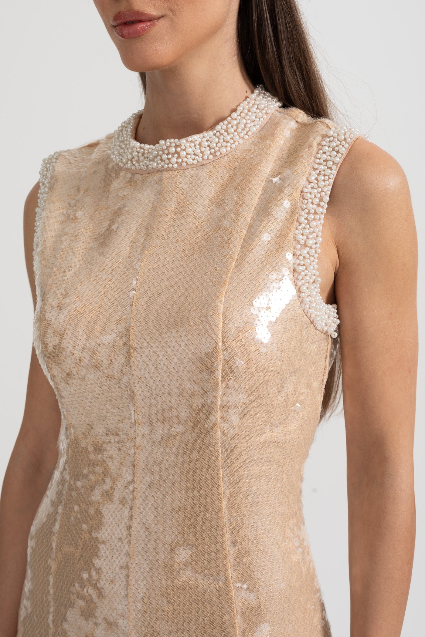 Elegant Sequin Dress With White Pearl Embellishments - Beige
